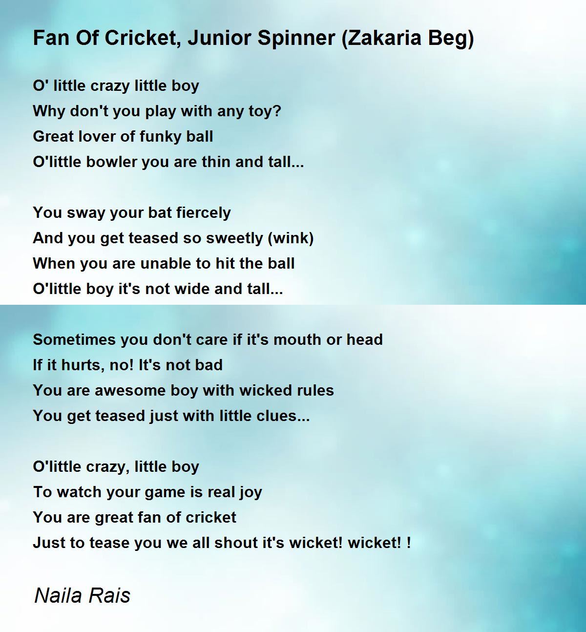 Puno Standard Udholde Fan Of Cricket, Junior Spinner (Zakaria Beg) - Fan Of Cricket, Junior  Spinner (Zakaria Beg) Poem by Naila Rais