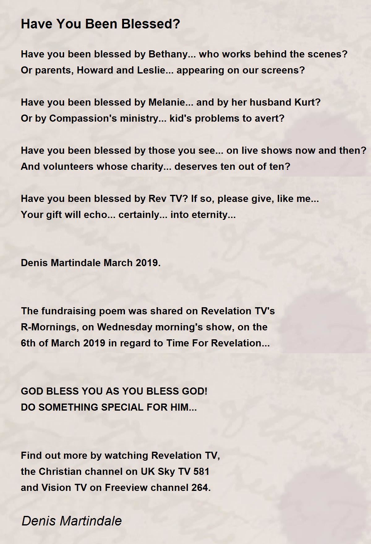 Have You Been Blessed? Poem by Denis Martindale - Poem Hunter