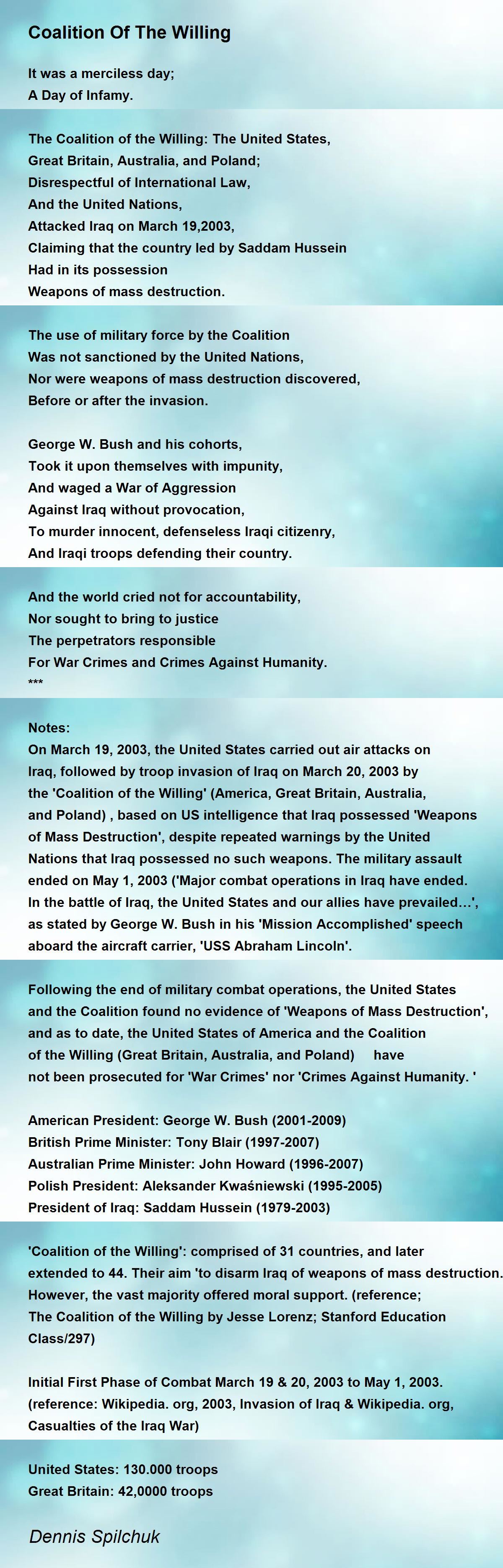 Coalition Of The Willing By Dennis Spilchuk Coalition Of The Willing Poem