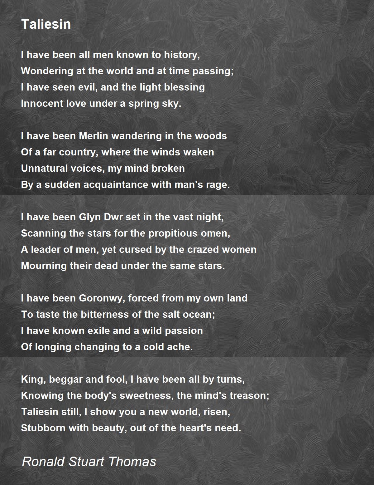 Taliesin Taliesin Poem by Ronald Stuart Thomas