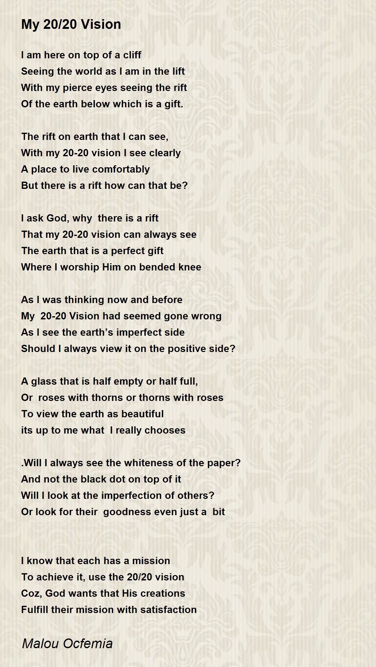 My 20/20 Vision My 20/20 Vision Poem by Malou Ocfemia