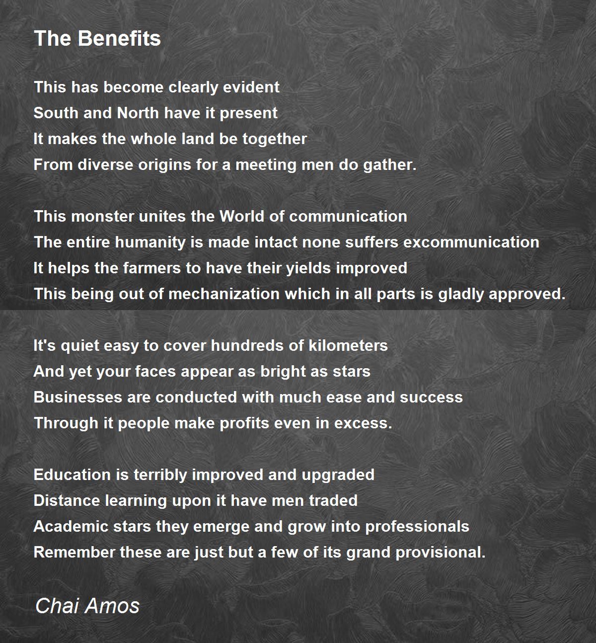 The Benefits by Chai Amos The Benefits Poem