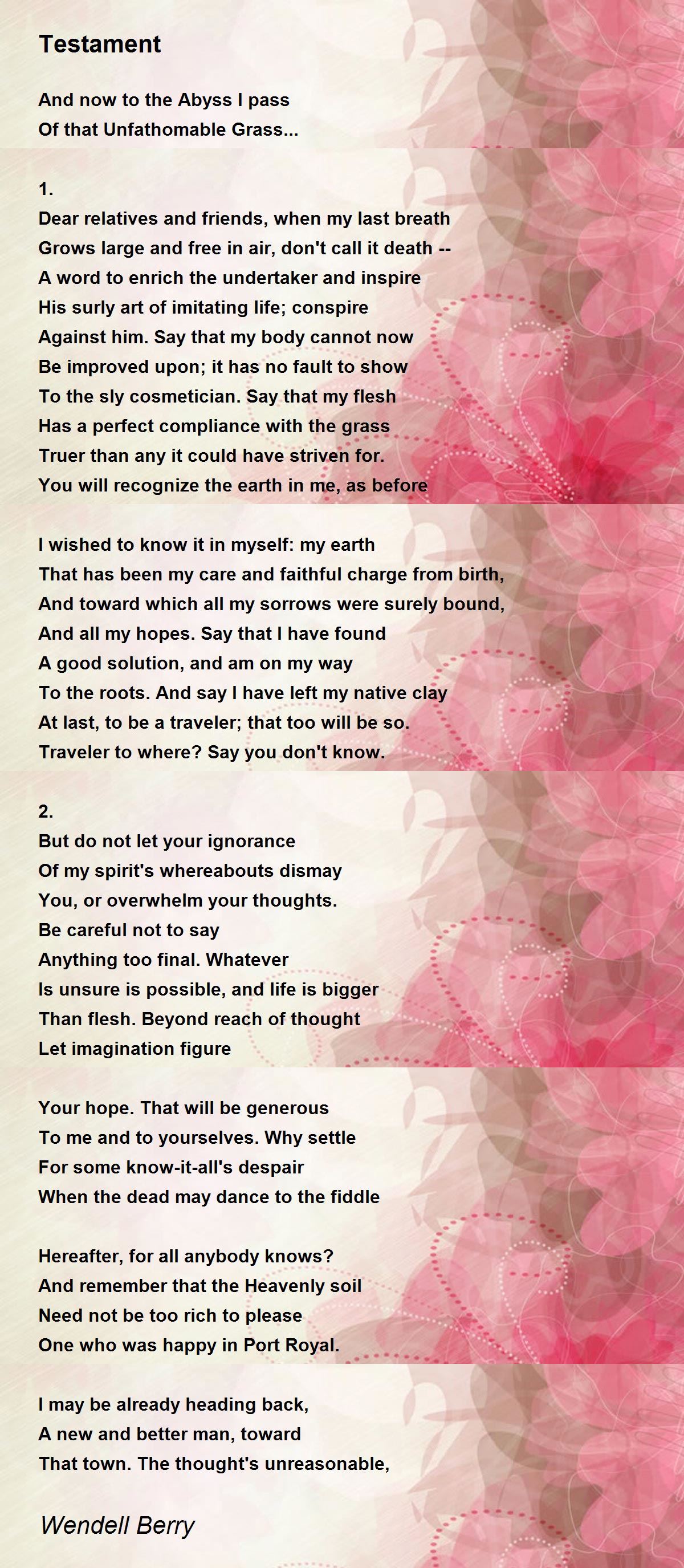 Testament Testament Poem by Wendell Berry