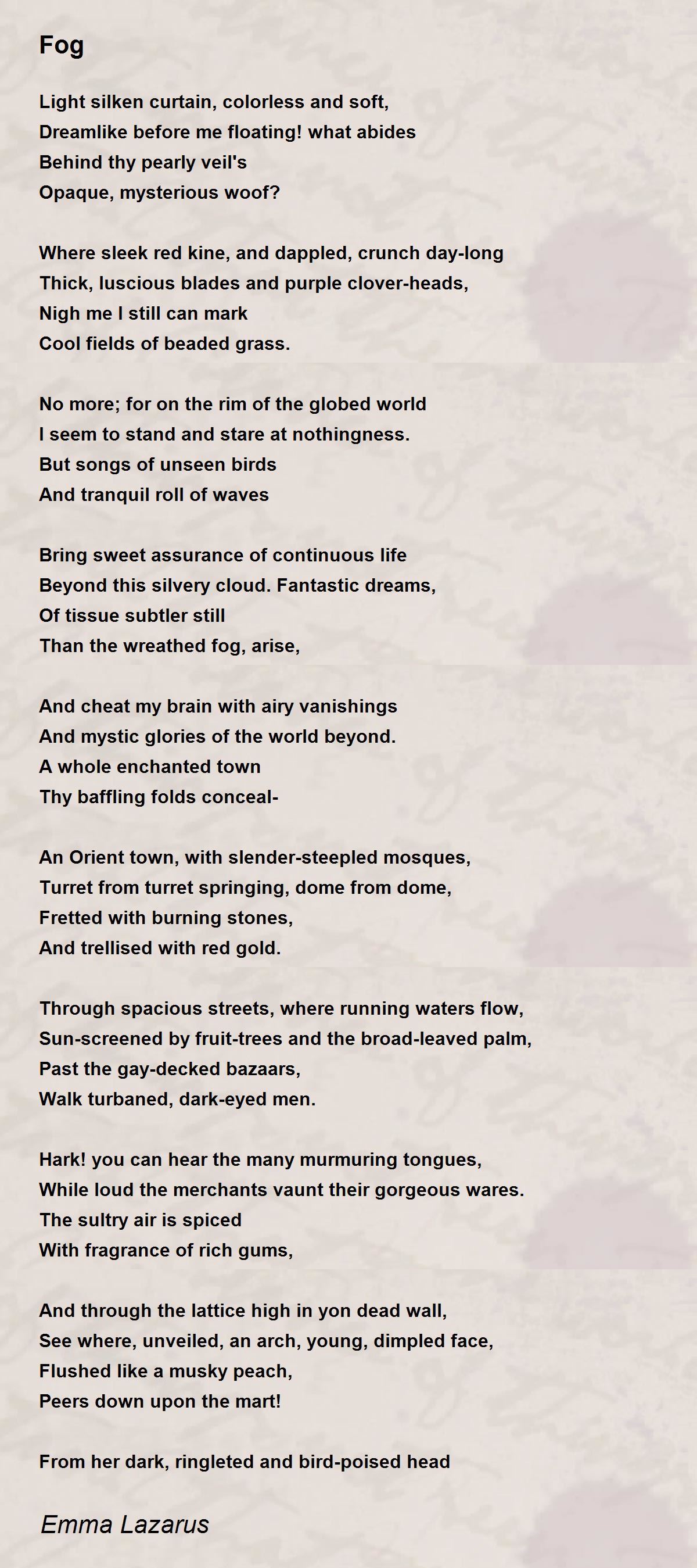 Fog Poem by Emma Lazarus Poem Hunter