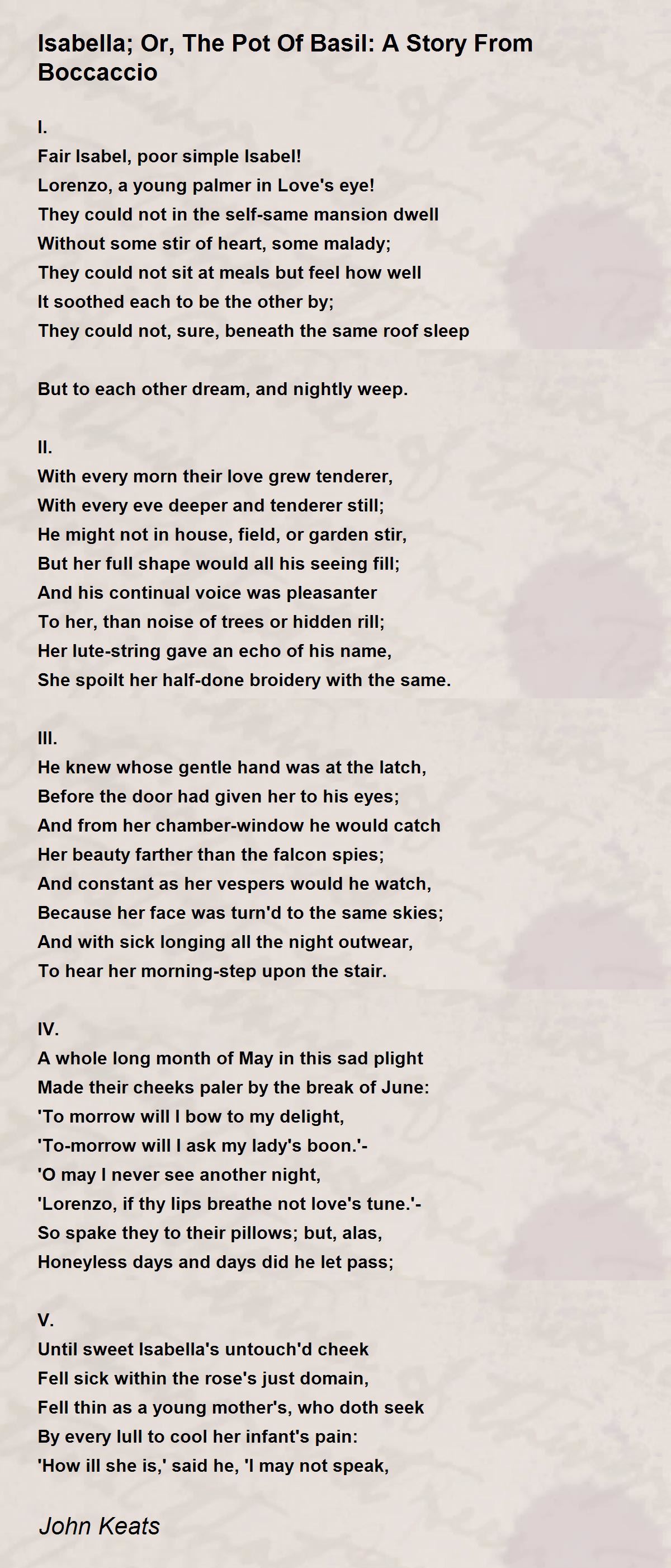 Isabella; Or, The Pot Of Basil A Story From Boccaccio Isabella; Or