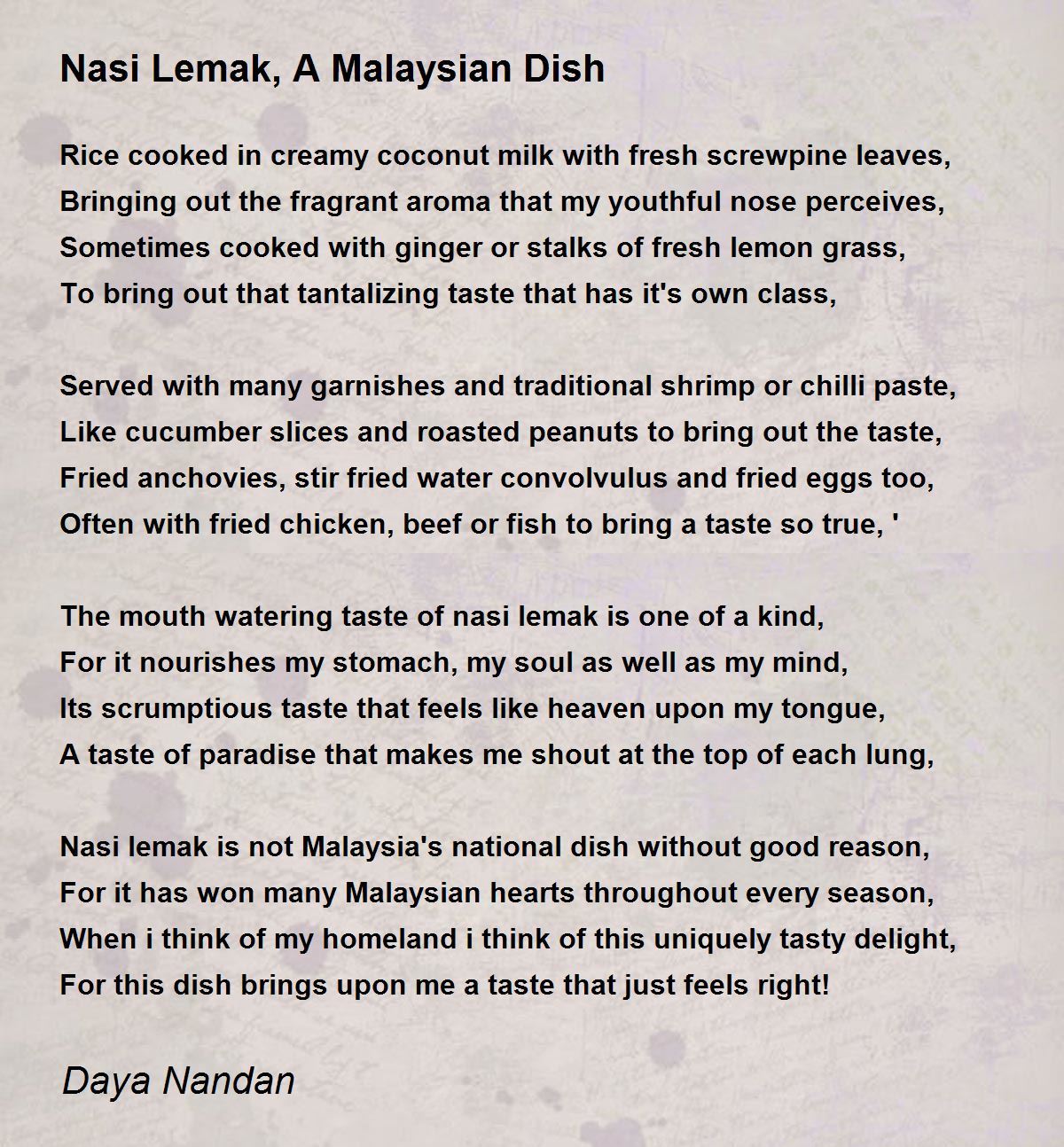 Nasi Lemak A Malaysian Dish Poem By Daya Nandan Poem Hunter