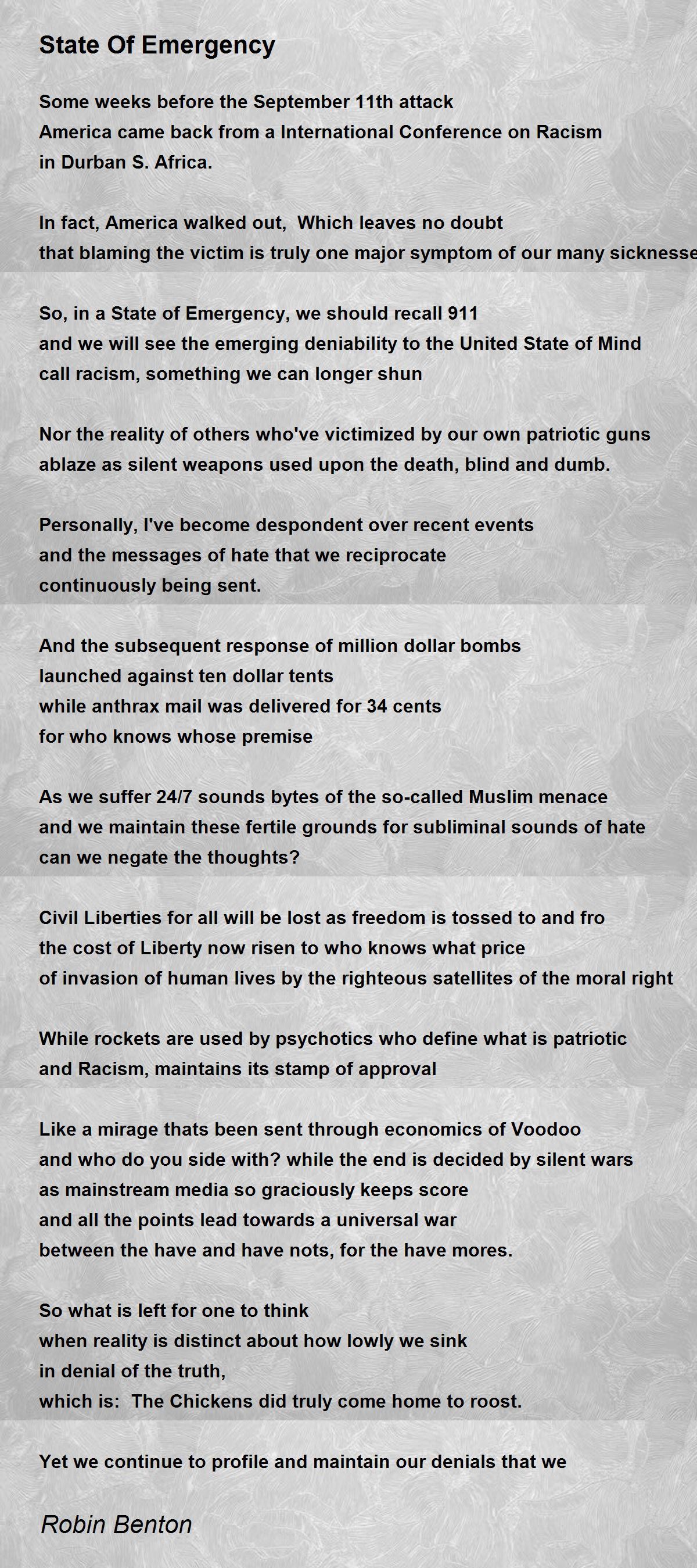 State Of Emergency State Of Emergency Poem by Robin Benton