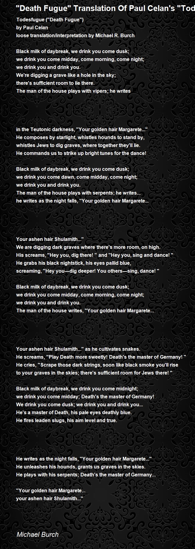 Death Fugue Translation Of Paul Celan's Todesfugue Death Fugue