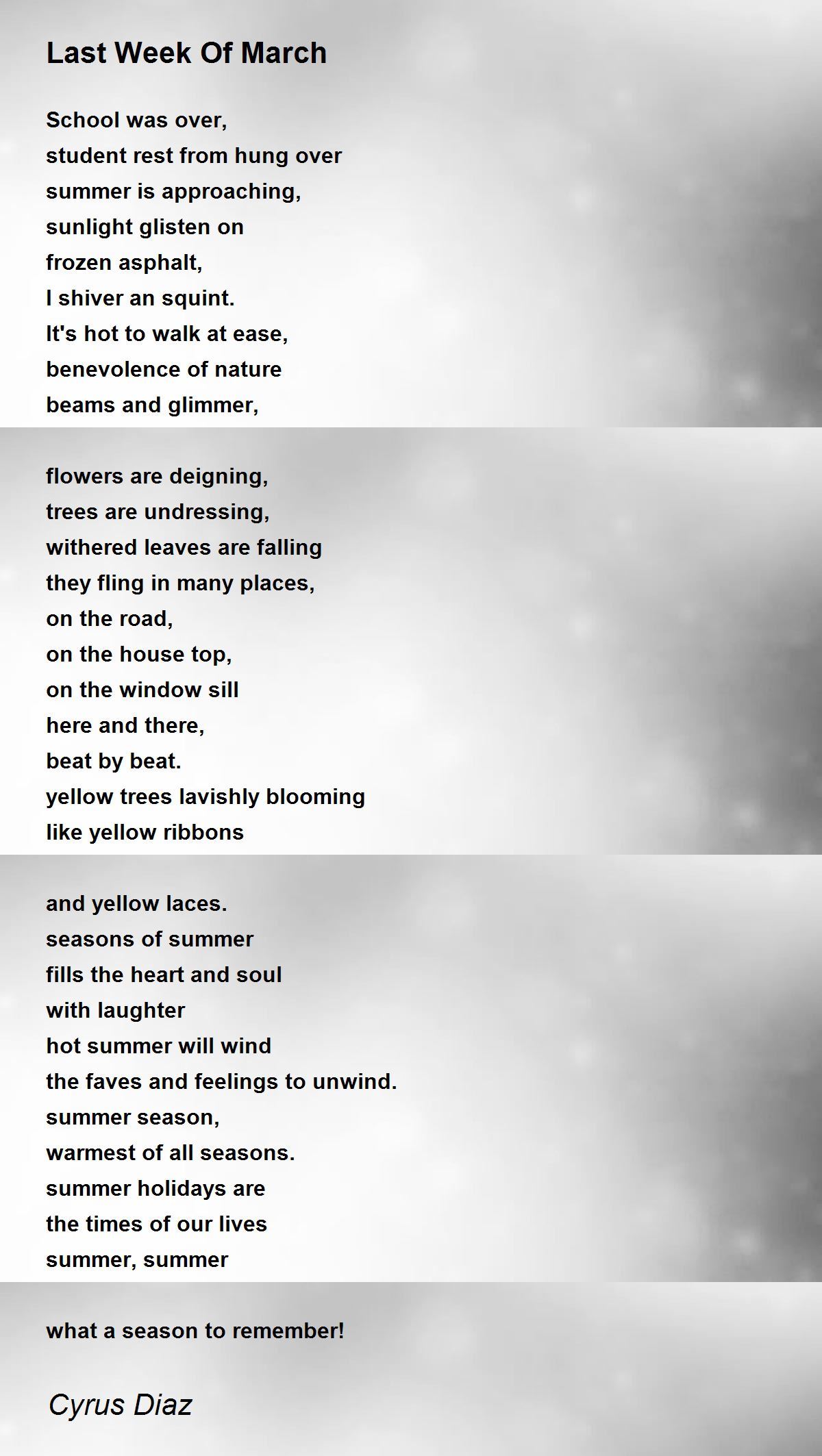 Last Week Of March Poem by Cyrus Diaz Poem Hunter
