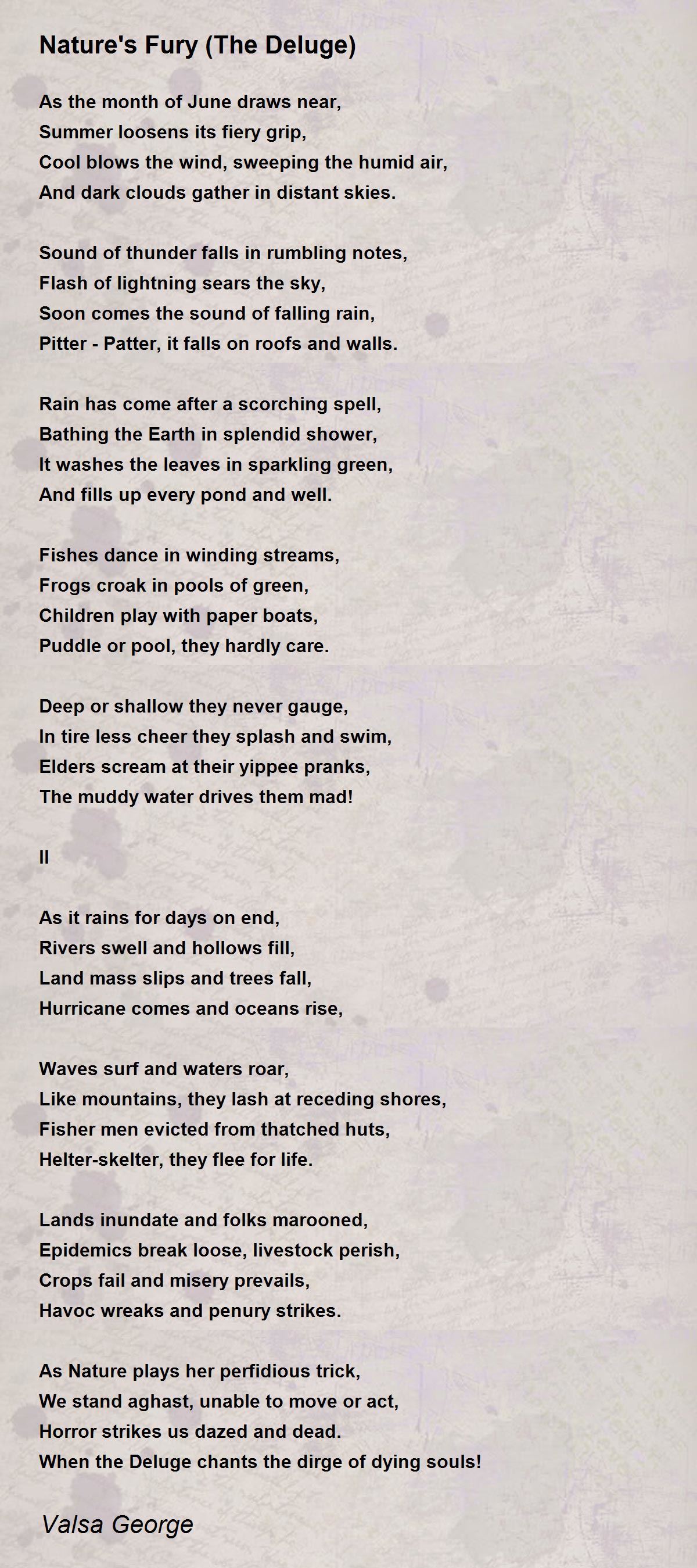 Nature's Fury (The Deluge) - Nature's Fury (The Deluge) Poem by Valsa Nature's Fury (The Deluge) - Nature's Fury (The Deluge) Poem by Valsa