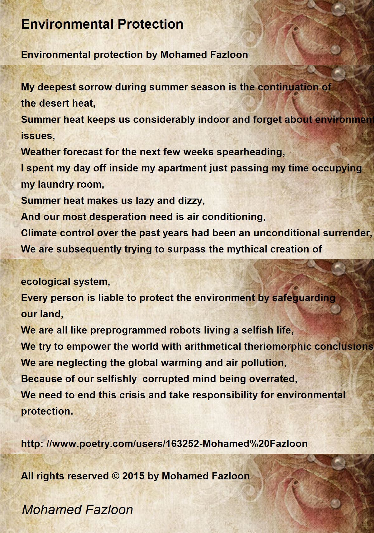 Environmental Protection by Mohamed Fazloon - Environmental Protection Poem