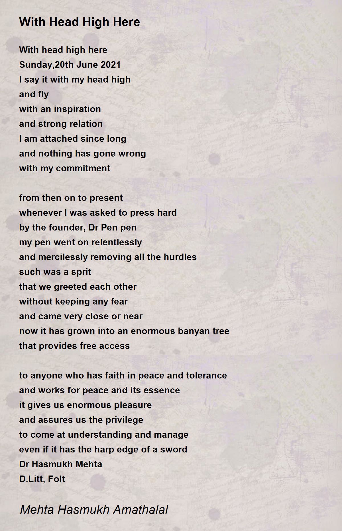 With Head High Here by Mehta Hasmukh Amathalal With Head High Here Poem