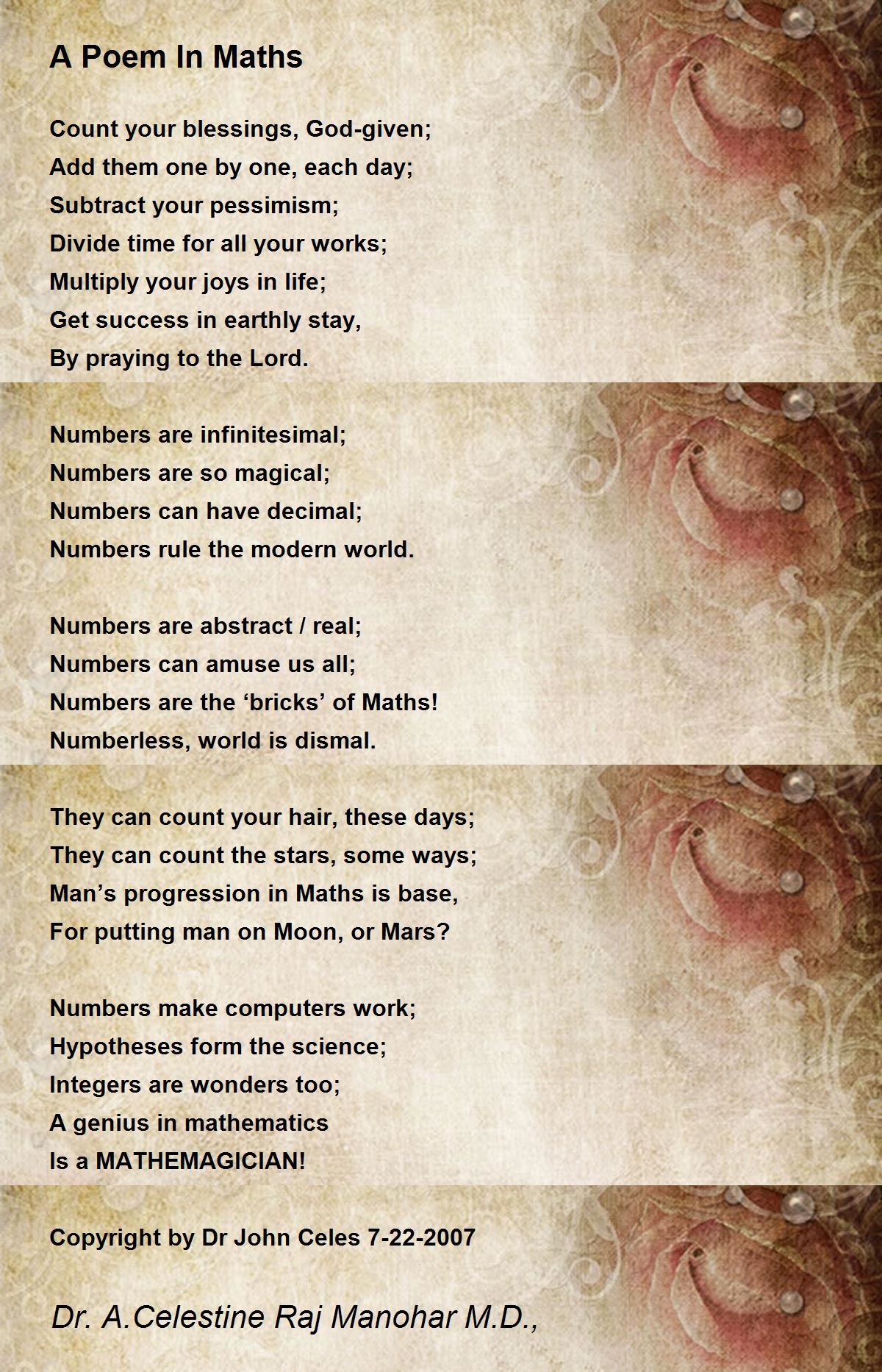 A Poem In Maths by Dr John Celes - A Poem In Maths Poem