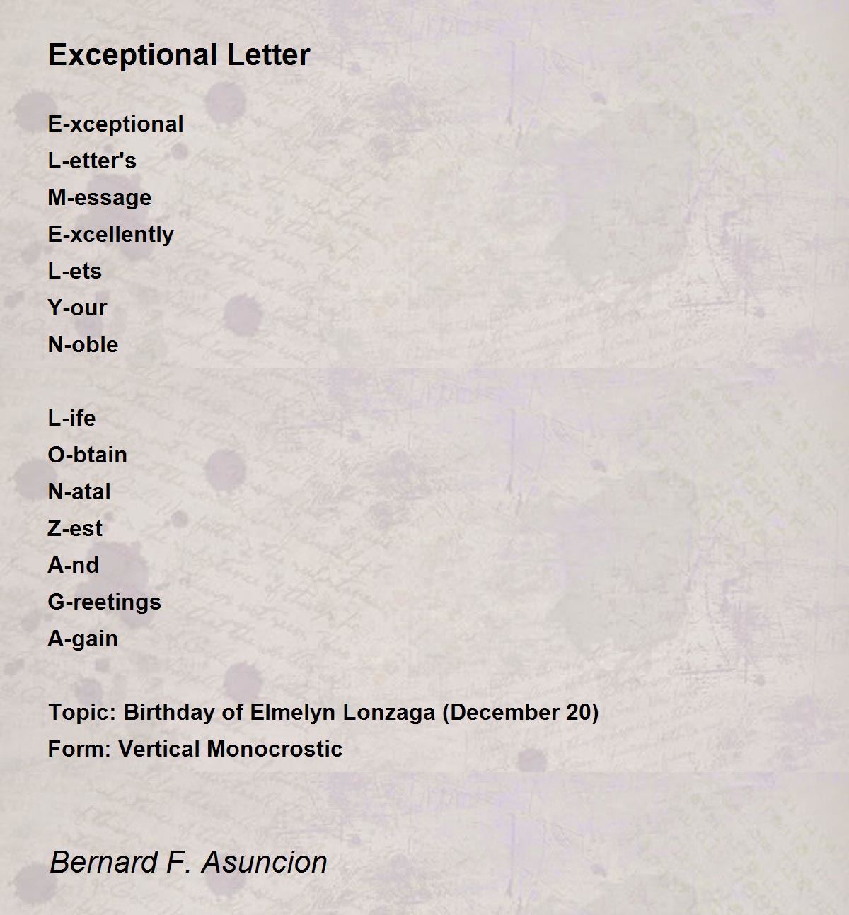 Exceptional Letter Poem by Bernard F. Asuncion Poem Hunter