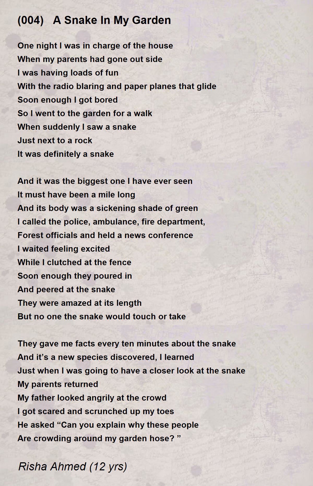 (004) A Snake In My Garden Poem by Risha Ahmed (12 yrs) - Poem Hunter