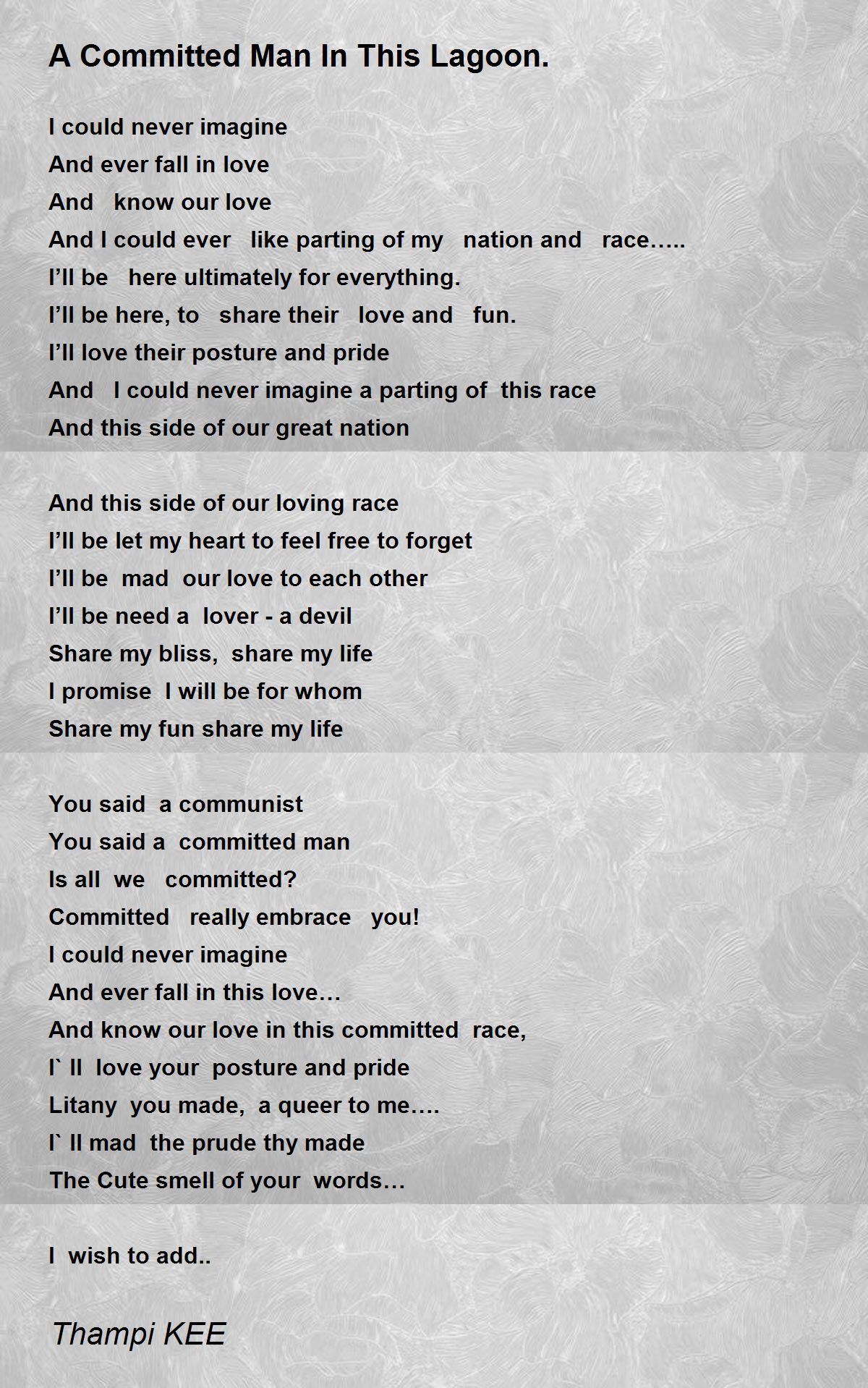 A Committed Man In This Lagoon. A Committed Man In This Lagoon. Poem