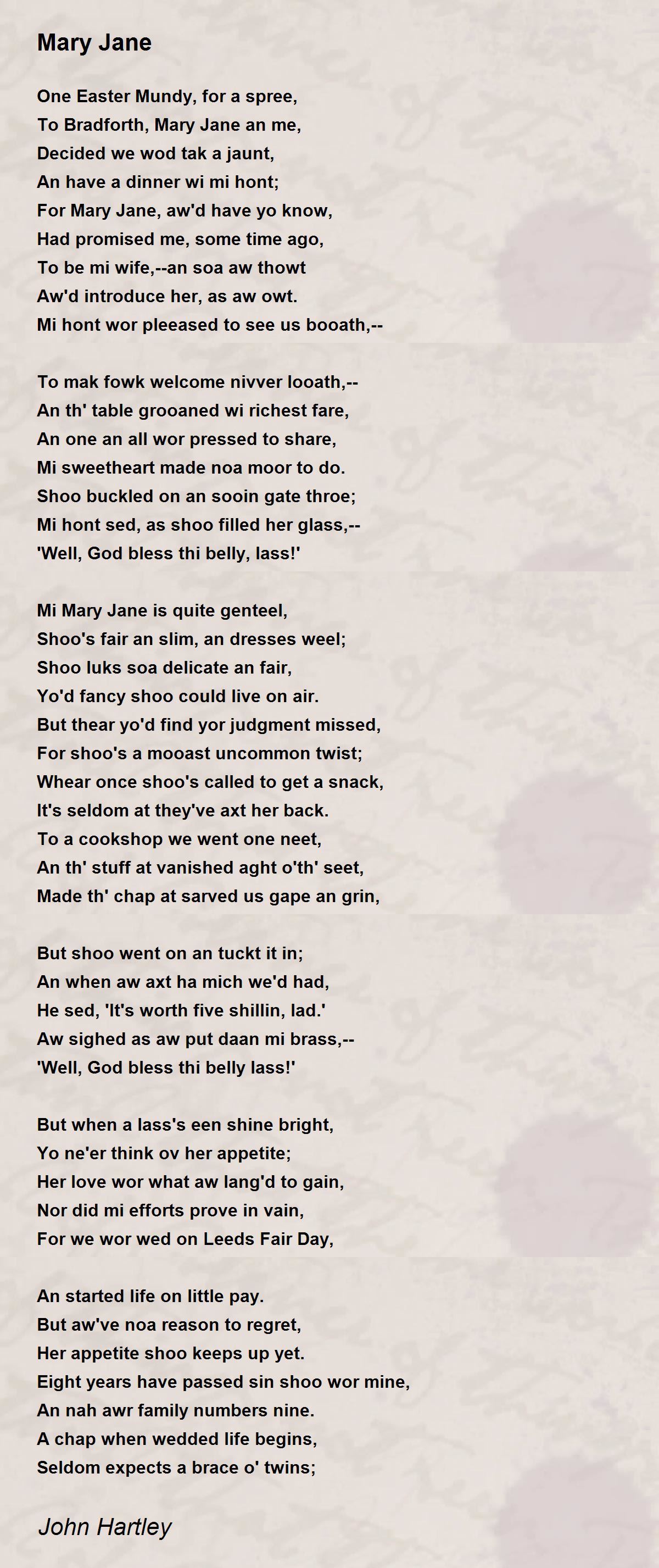 Mary Jane Mary Jane Poem by John Hartley