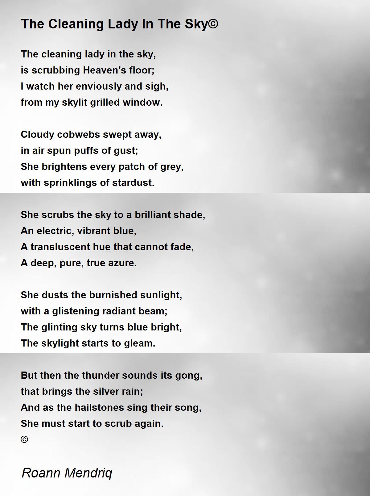 The Cleaning Lady In The Sky Poem By Roann Mendriq Poem Hunter