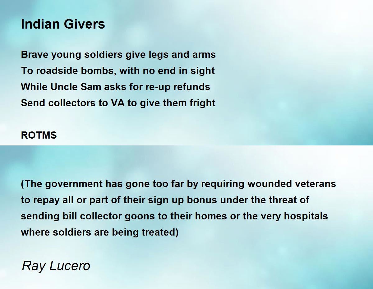 Indian Givers by Ray Lucero Indian Givers Poem