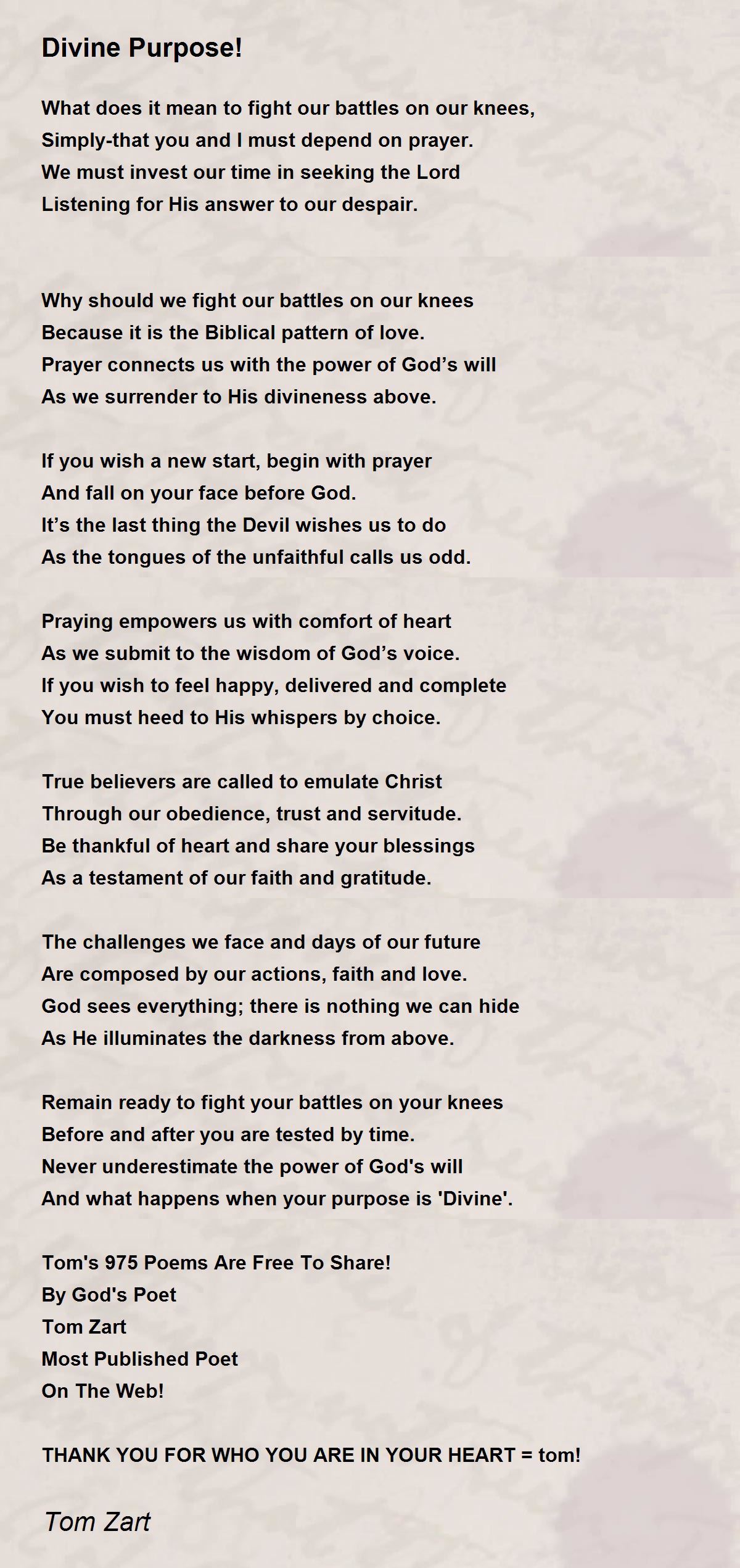 Divine Purpose! Divine Purpose! Poem by Tom Zart