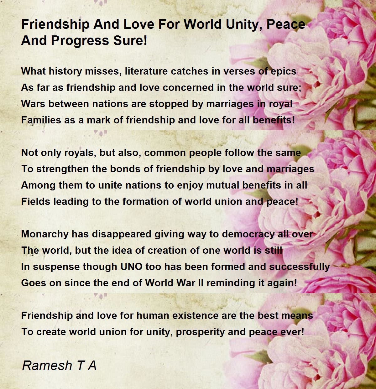 Friendship And Love For World Unity, Peace And Progress Sure! Poem by