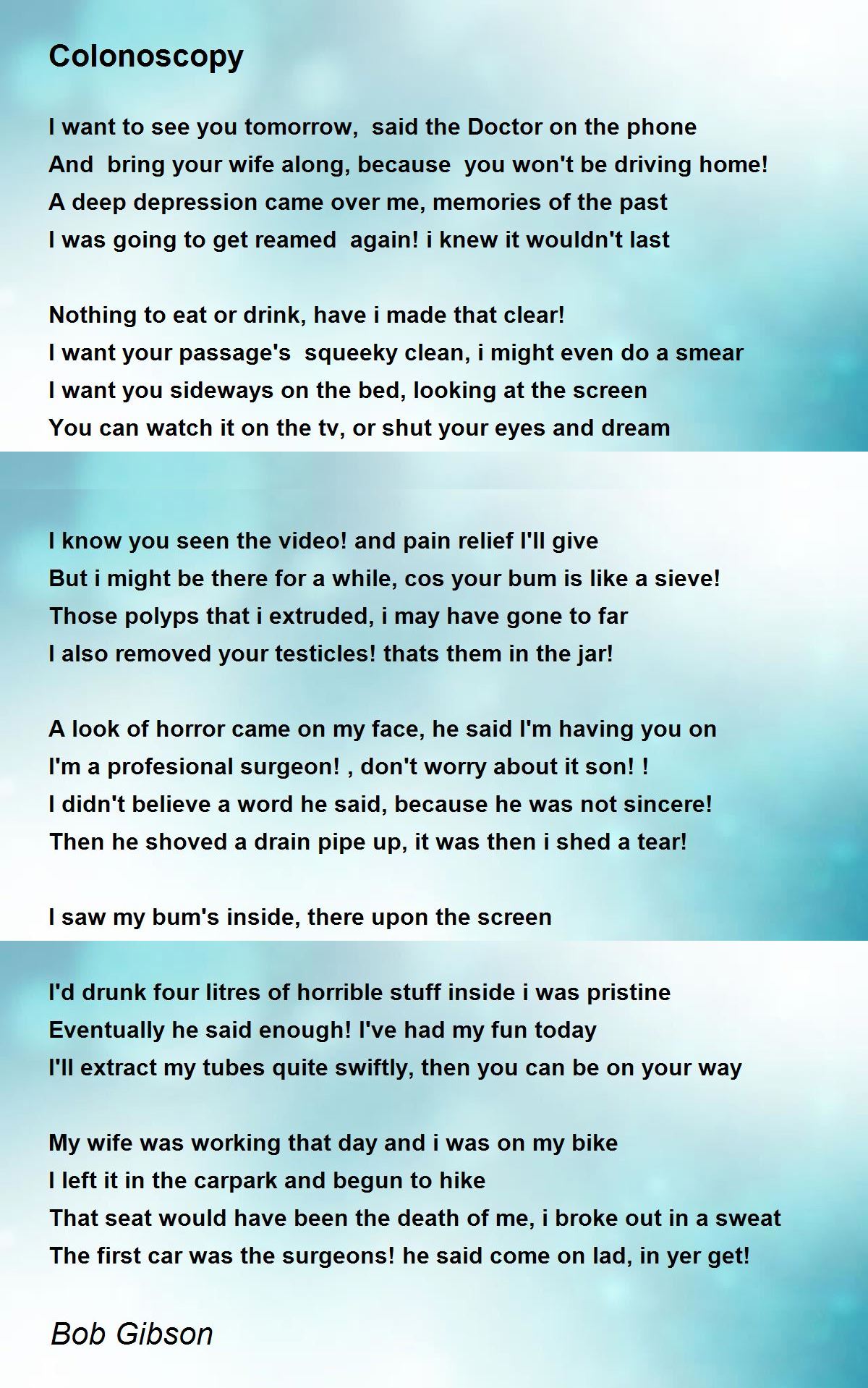 Colonoscopy By Bob Gibson Colonoscopy Poem