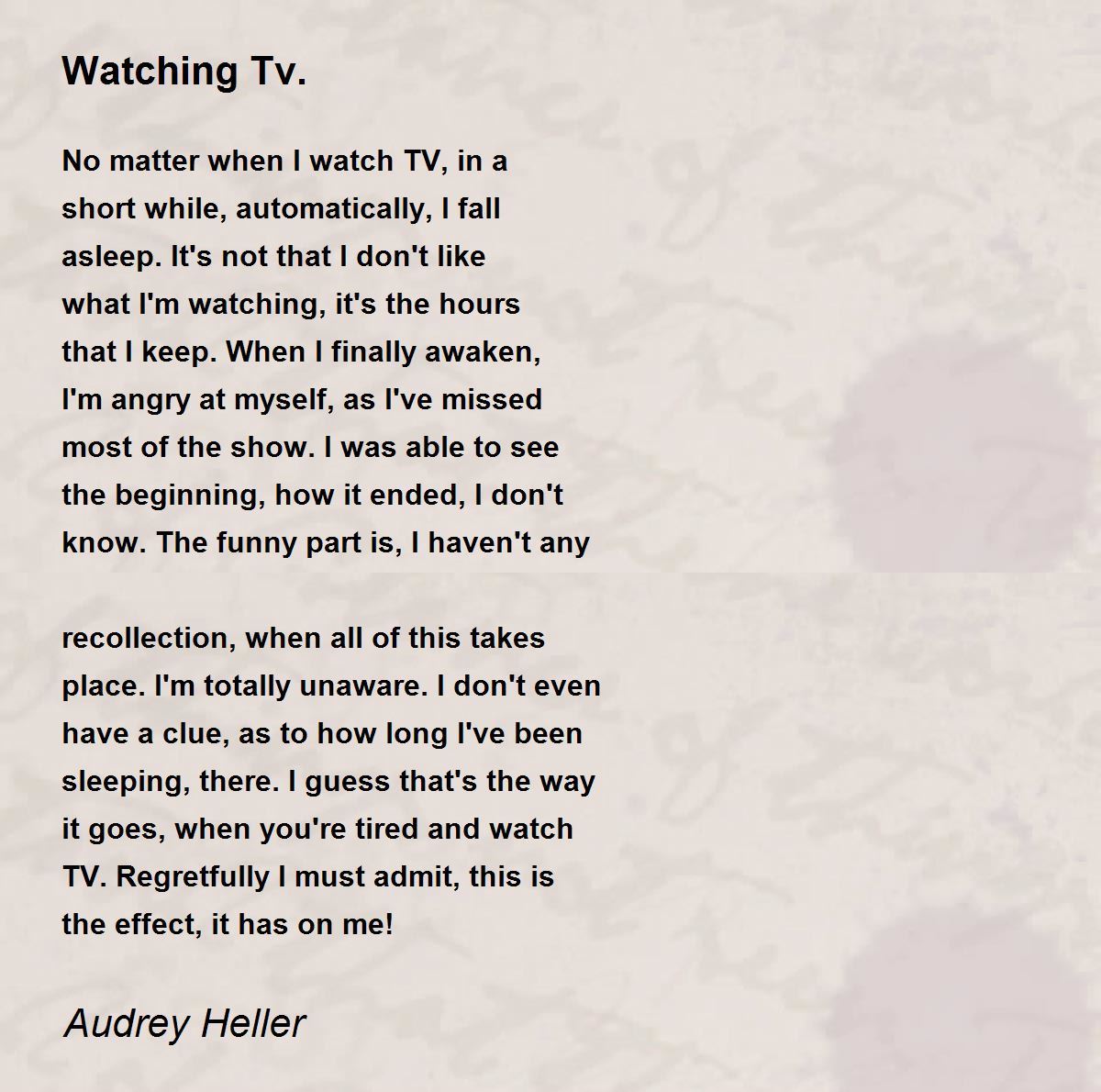 Watching Tv. Watching Tv. Poem by Audrey Heller