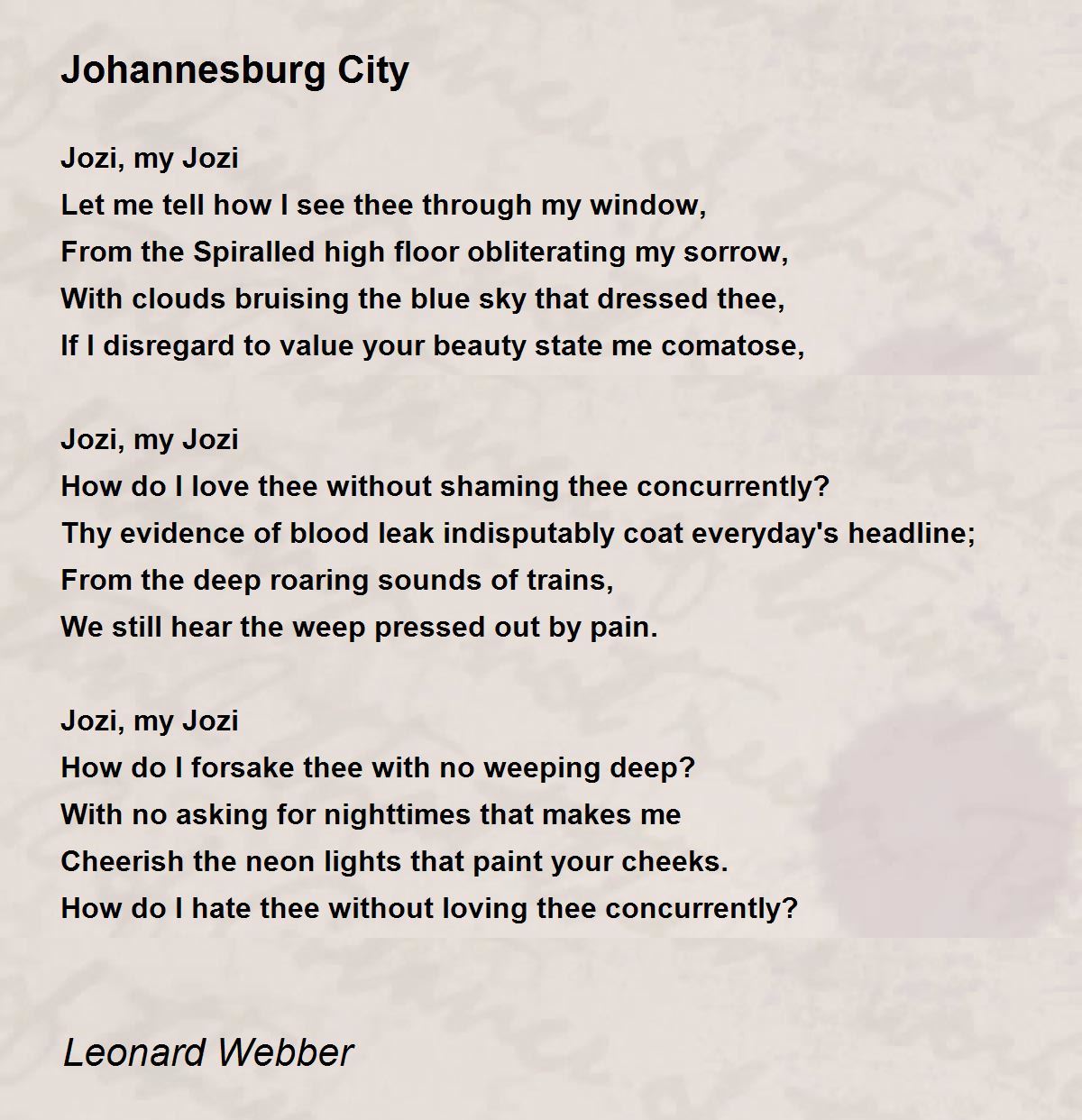 Johannesburg City Poem by Leonard ber Poem Hunter