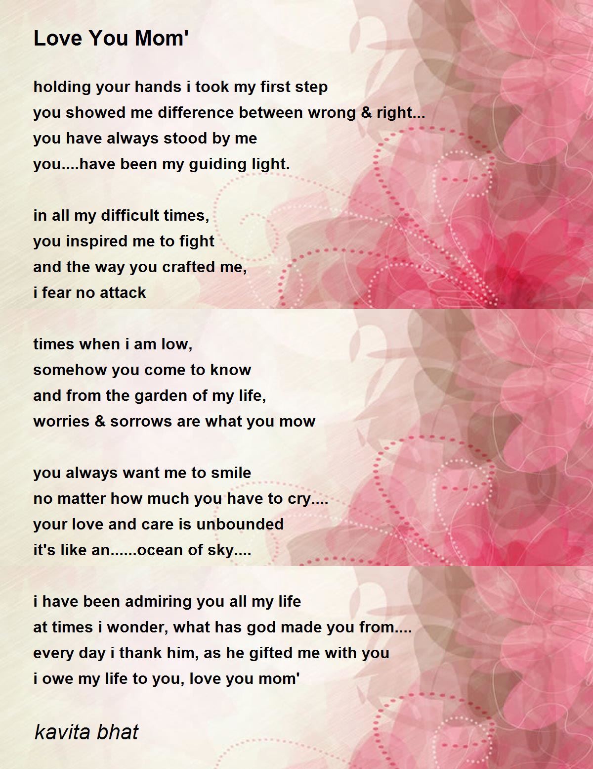 Love You Mom' by kavita bhat - Love You Mom' Poem