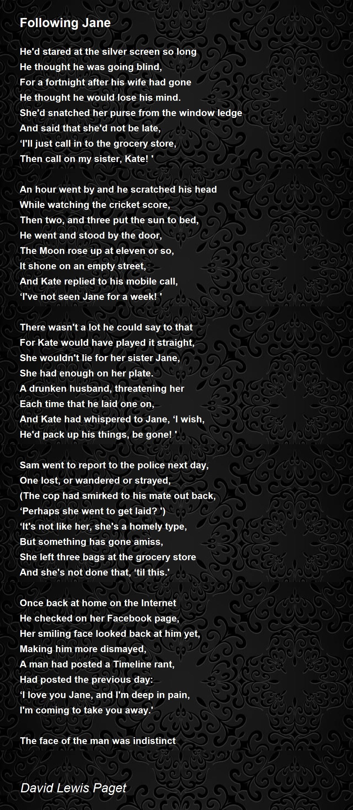 Following Jane by David Lewis Paget Following Jane Poem