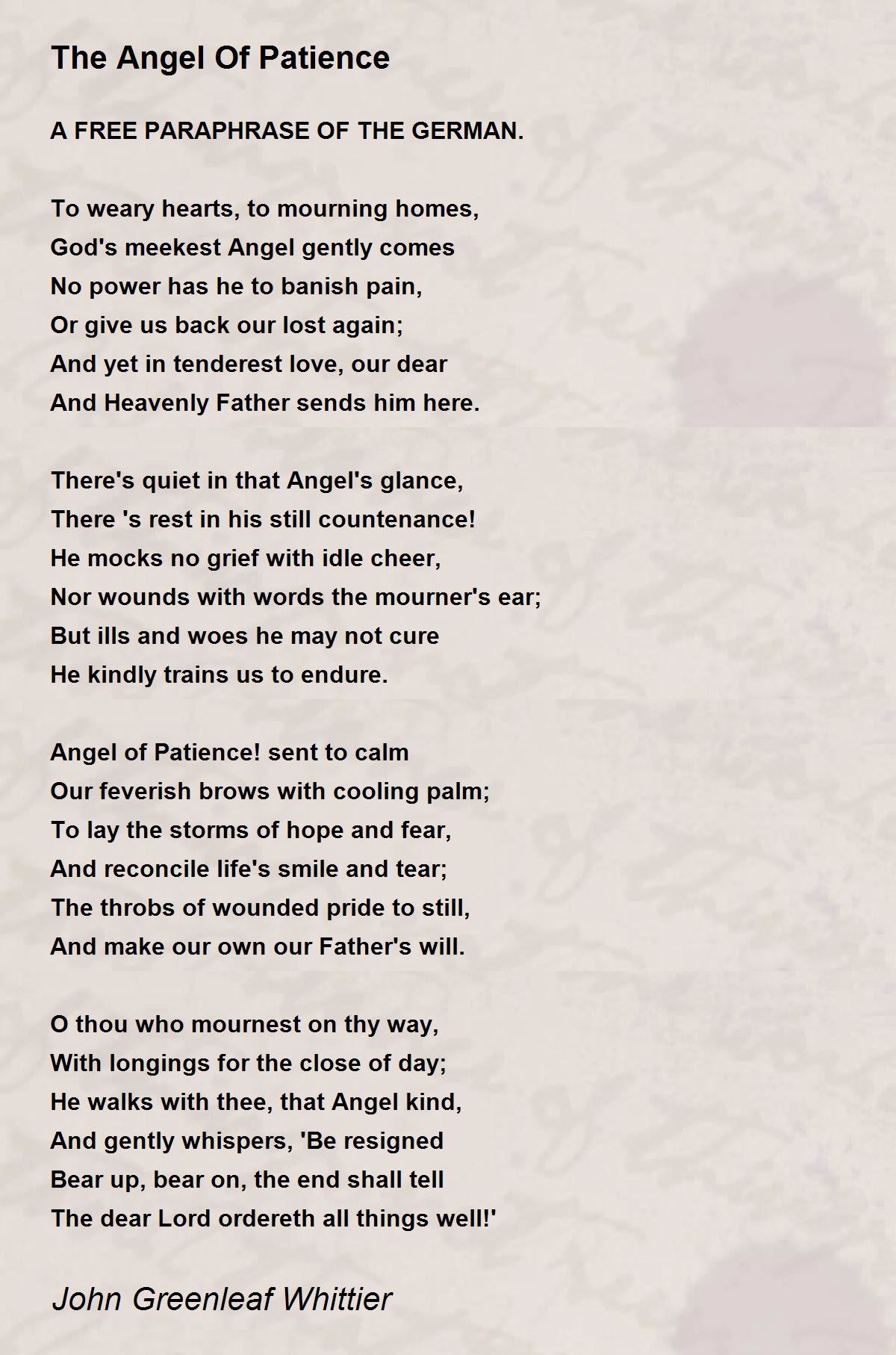 The Angel Of Patience Poem by John Greenleaf Whittier 