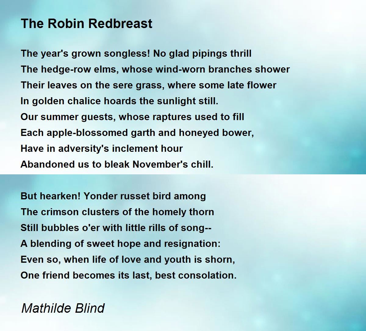The Robin Redbreast by Mathilde Blind - The Robin Redbreast Poem