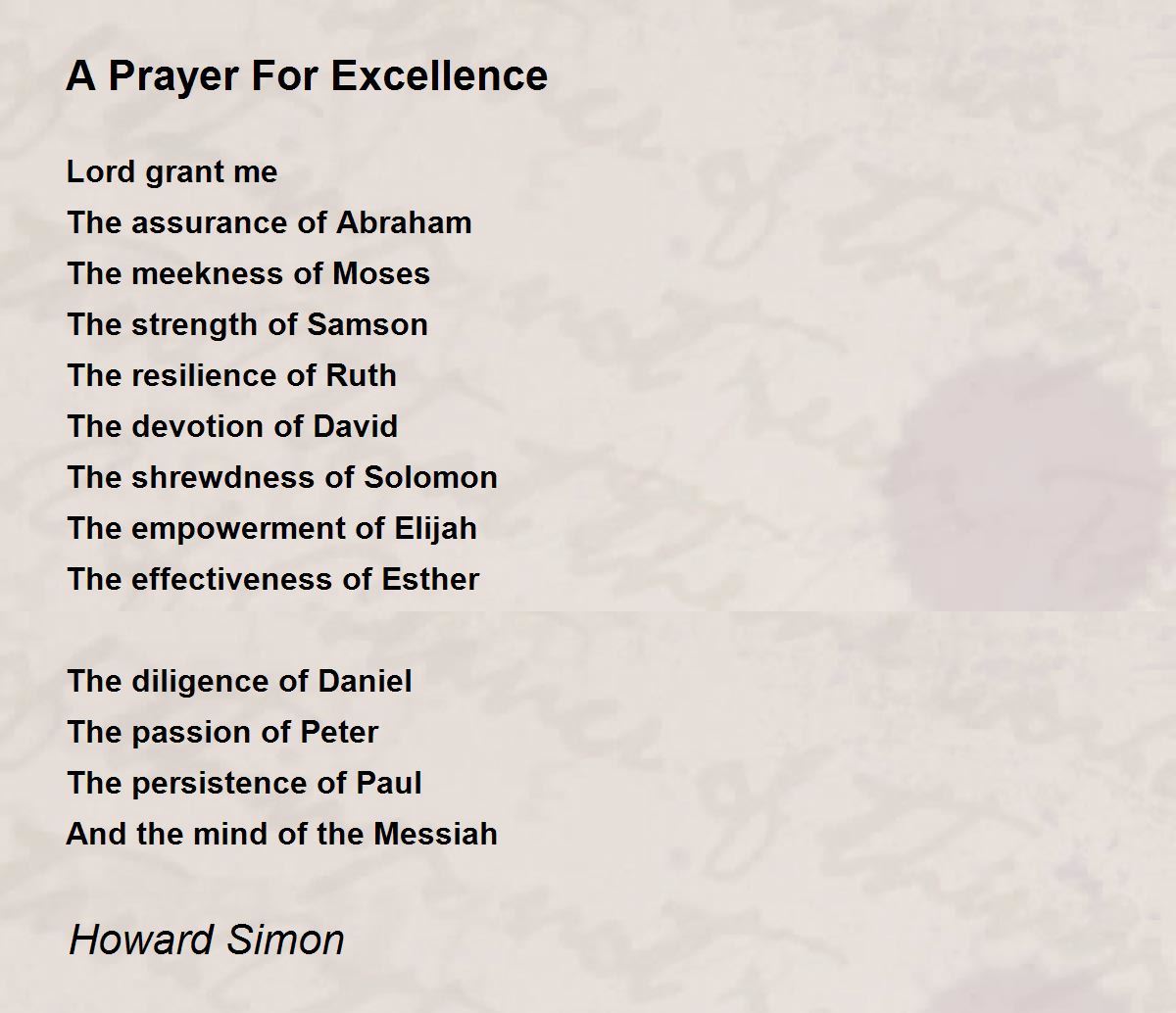 A Prayer For Excellence Poem by Howard Simon - Poem Hunter