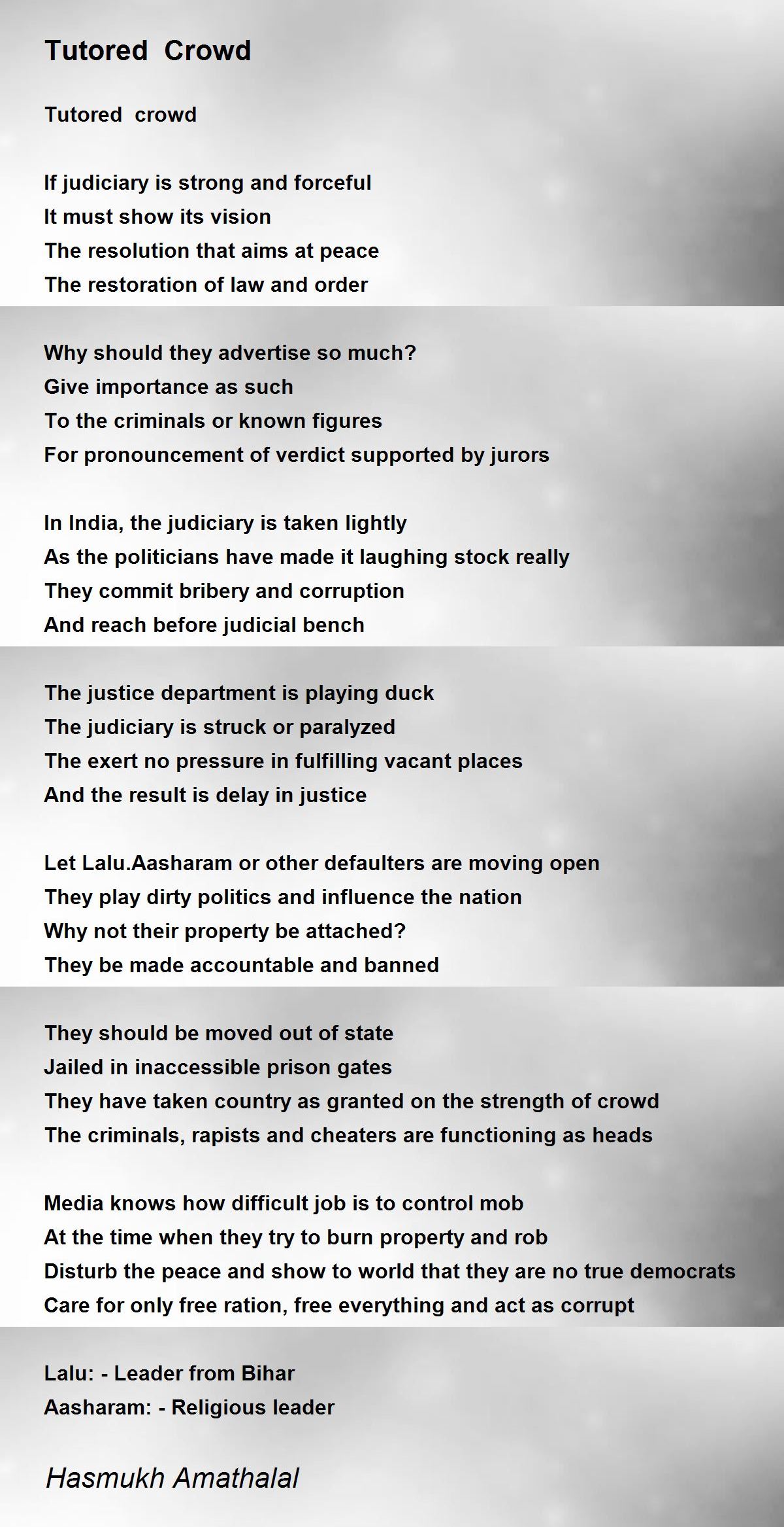 Tutored Crowd by Mehta Hasmukh Amathalal Tutored Crowd Poem