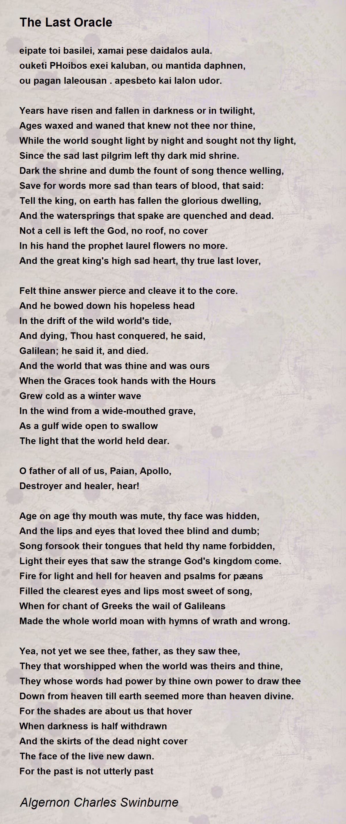 The Last Oracle - The Last Oracle Poem by Algernon Charles Swinburne