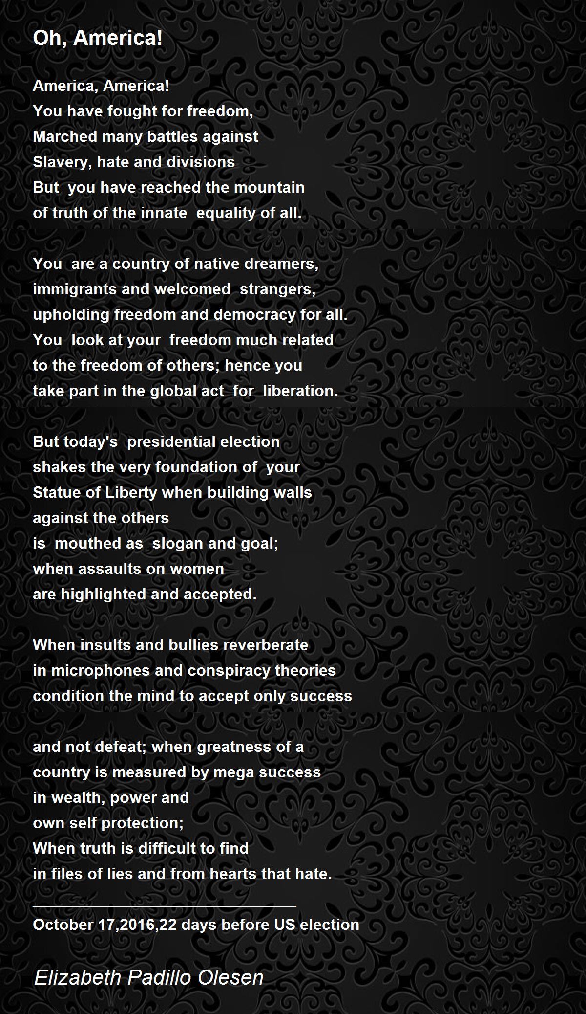 Oh, America! Oh, America! Poem by Elizabeth Padillo Olesen