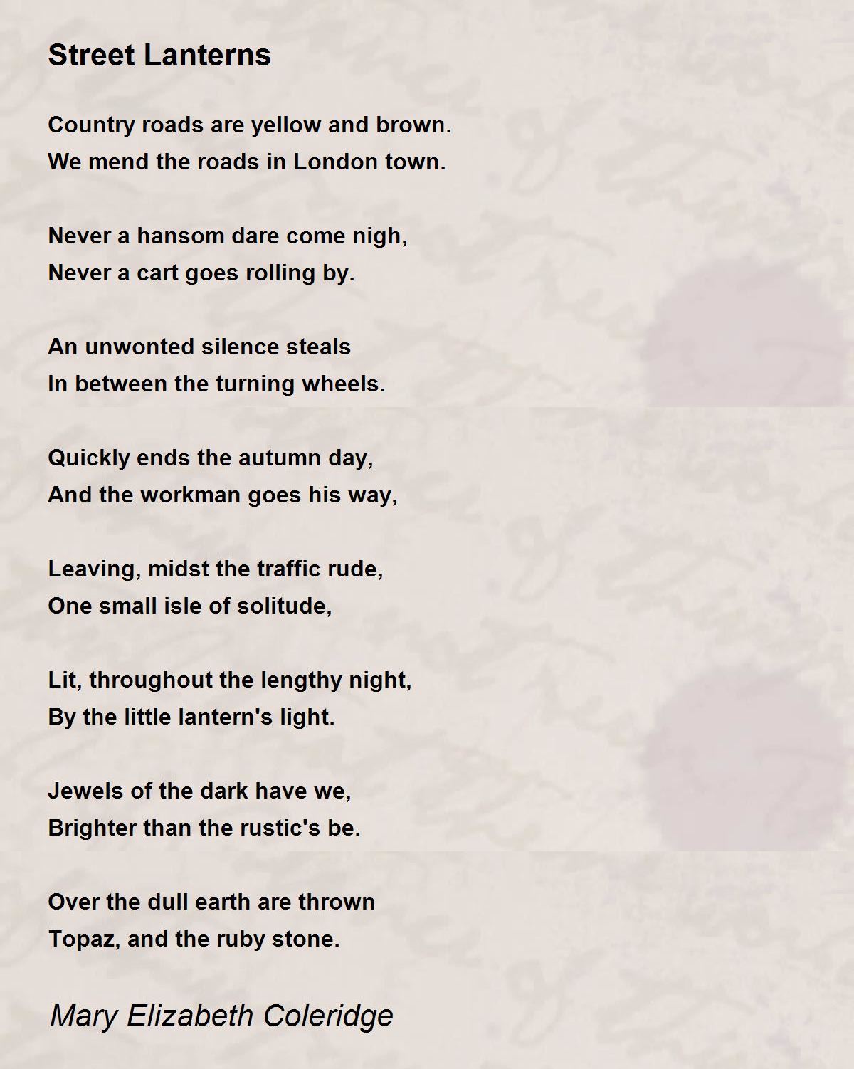 Street Lanterns Street Lanterns Poem by Mary Elizabeth Coleridge