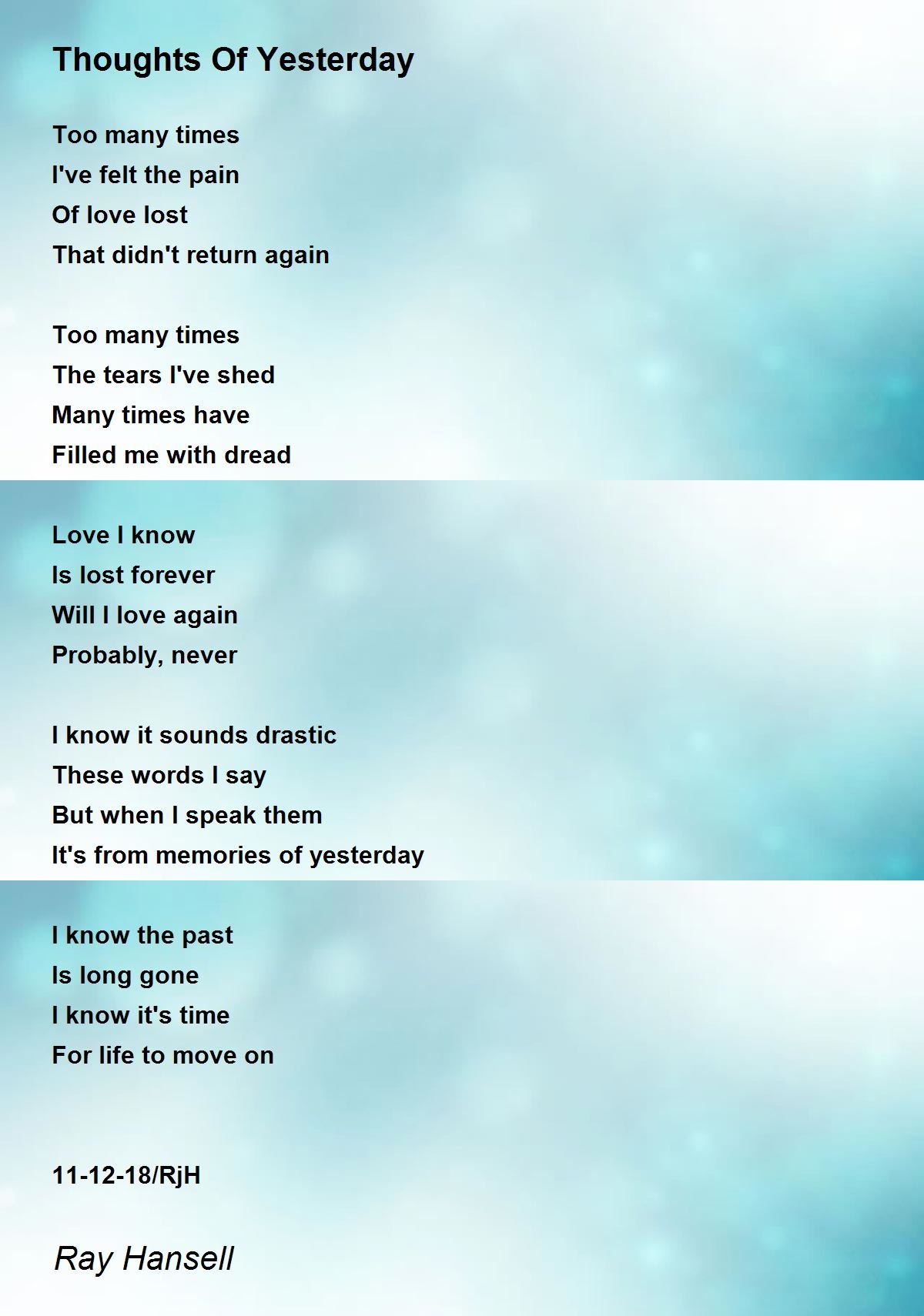 Thoughts Of Yesterday Poem by Ray Hansell Poem Hunter