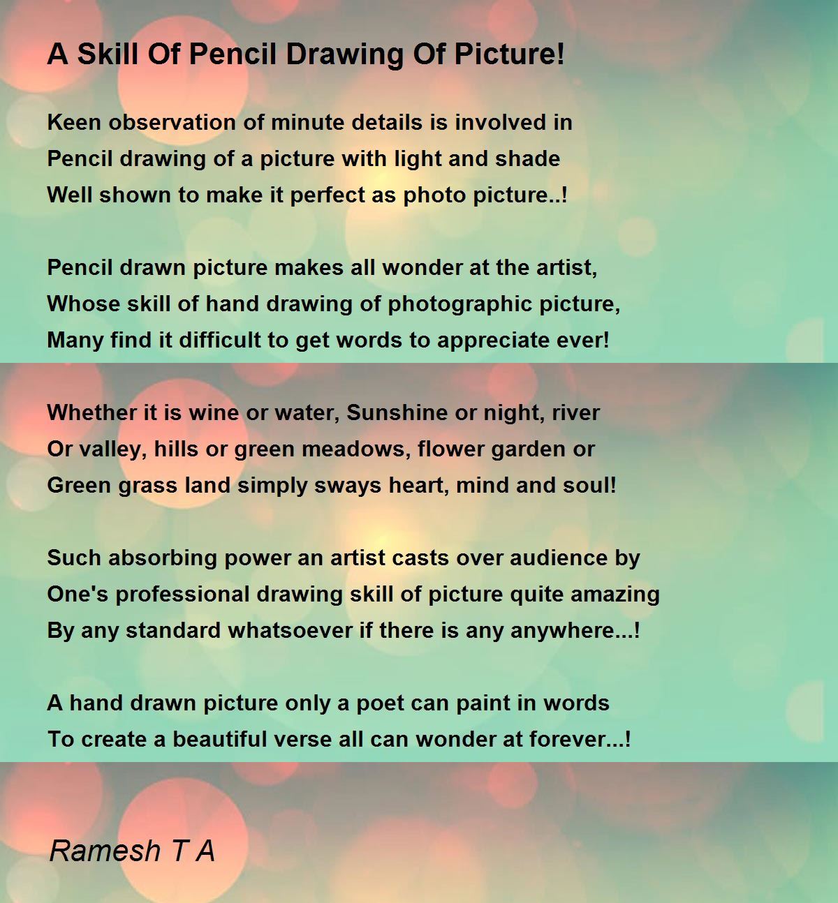 A Skill Of Pencil Drawing Of Picture By Ramesh T A A Skill Of Pencil Drawing Of Picture Poem