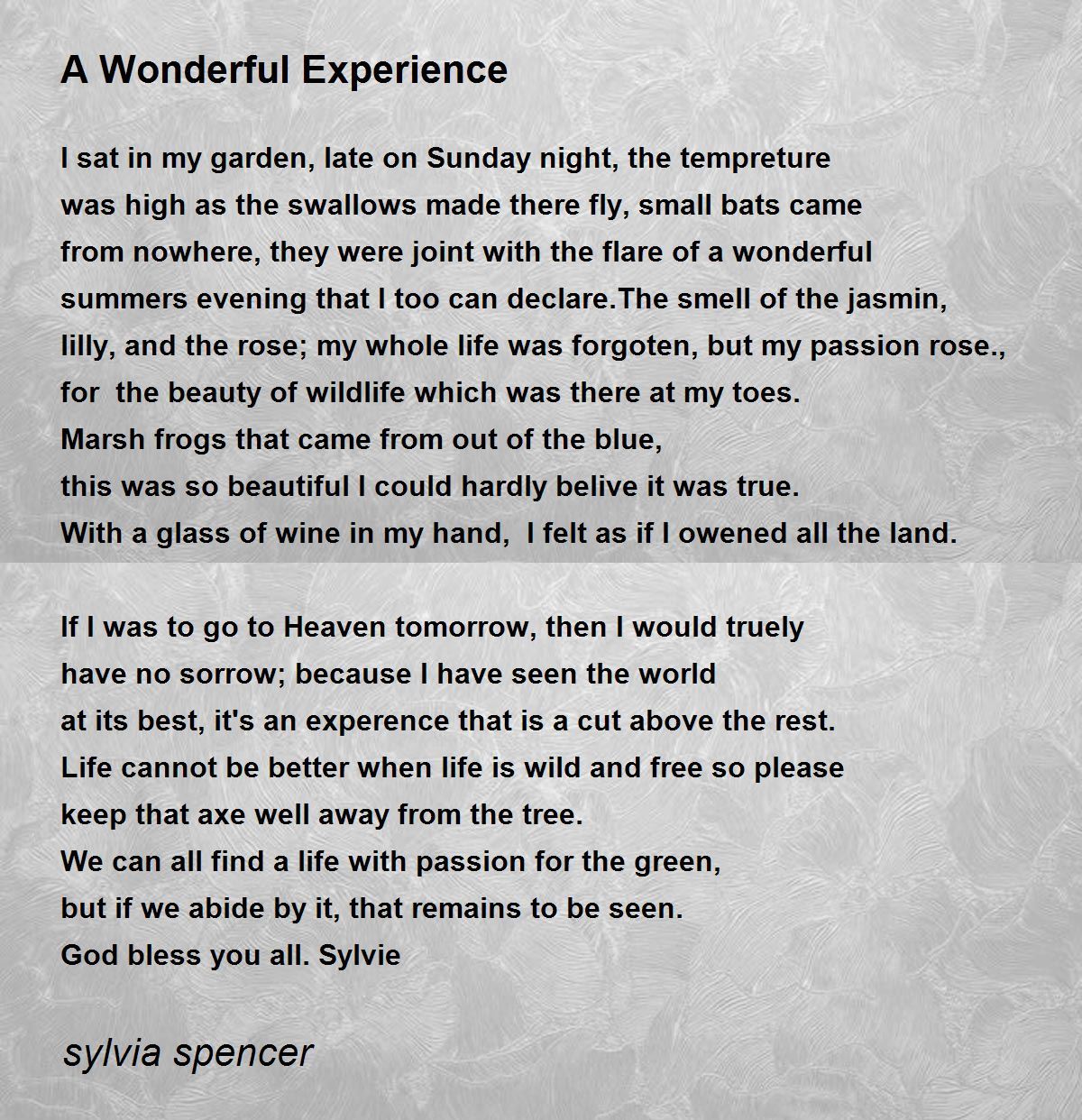A Wonderful Experience A Wonderful Experience Poem by sylvia spencer