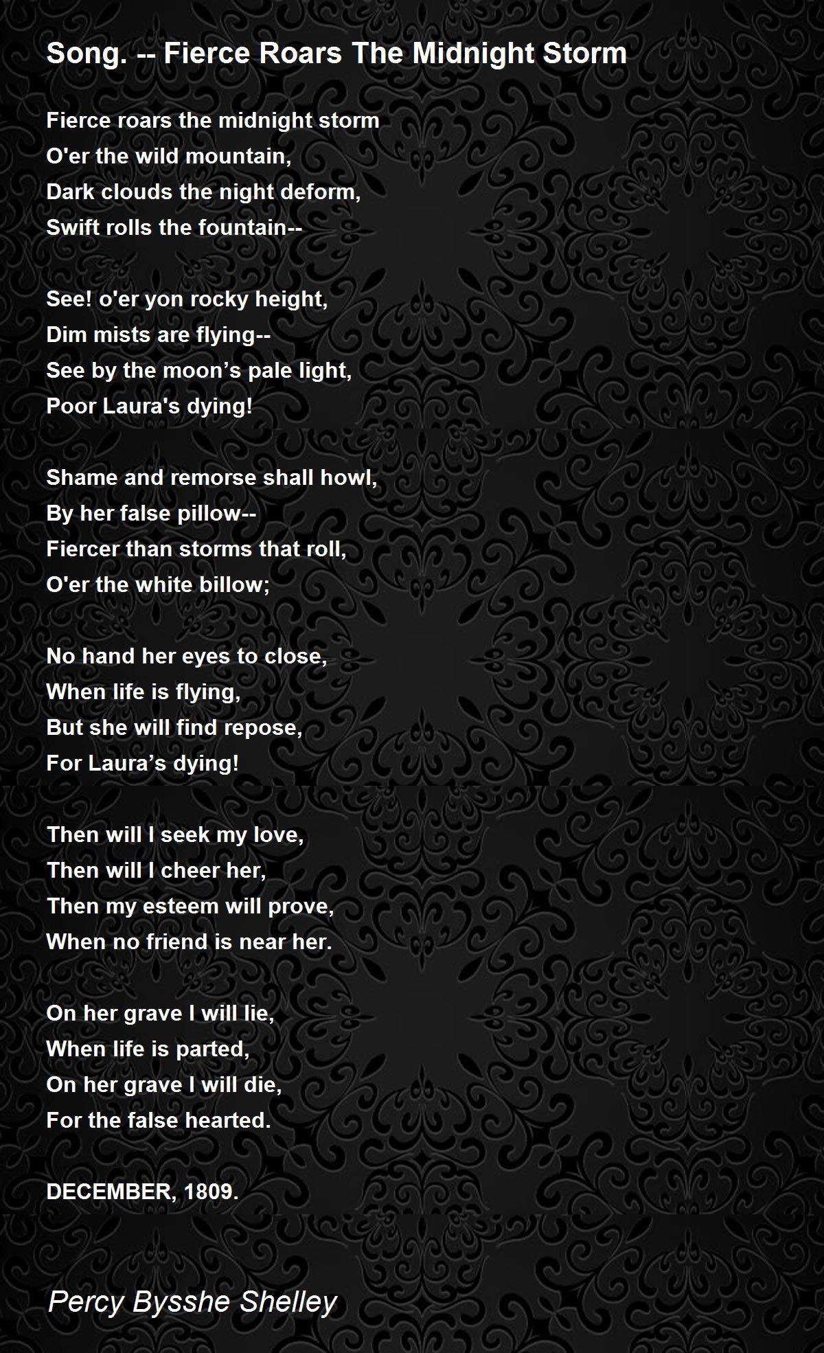 Song. -- Fierce Roars The Midnight Storm Poem by Percy Bysshe Shelley