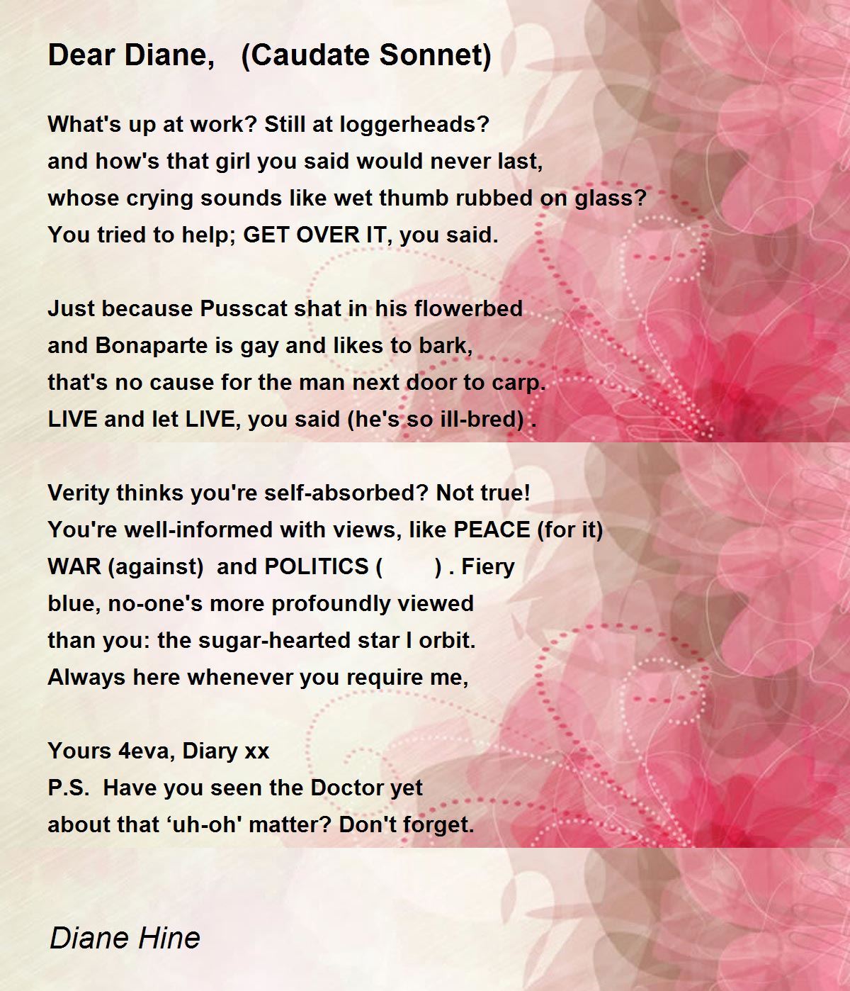 Dear Diane Caudate Sonnet By Diane Hine Dear Diane Caudate Sonnet Poem