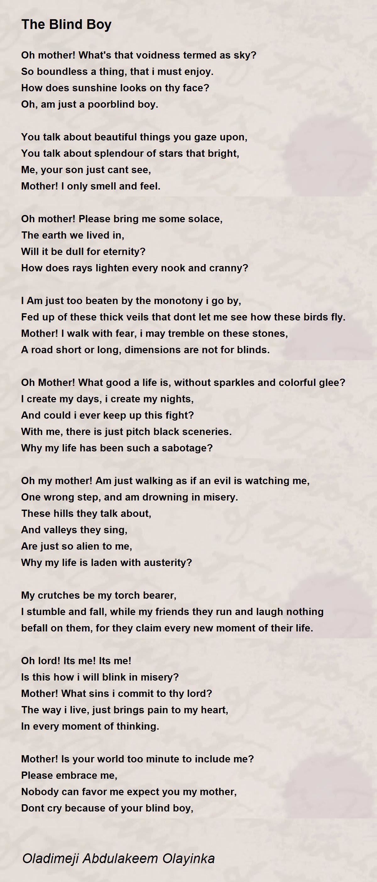 The Blind Boy by Oladimeji Hakeem Olayinka The Blind Boy Poem