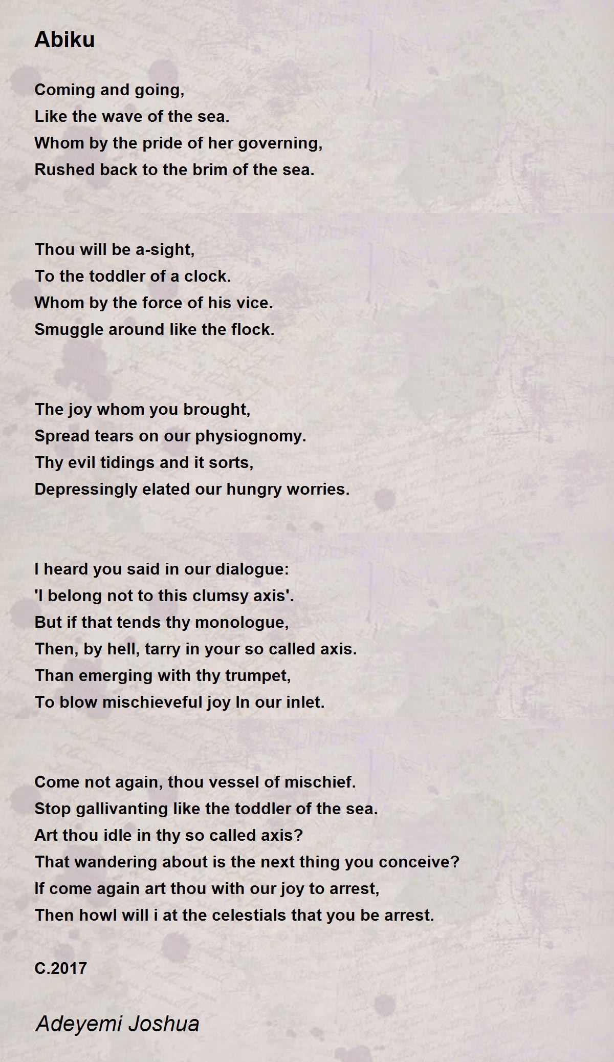 Abiku Abiku Poem by Joshua Adeyemi