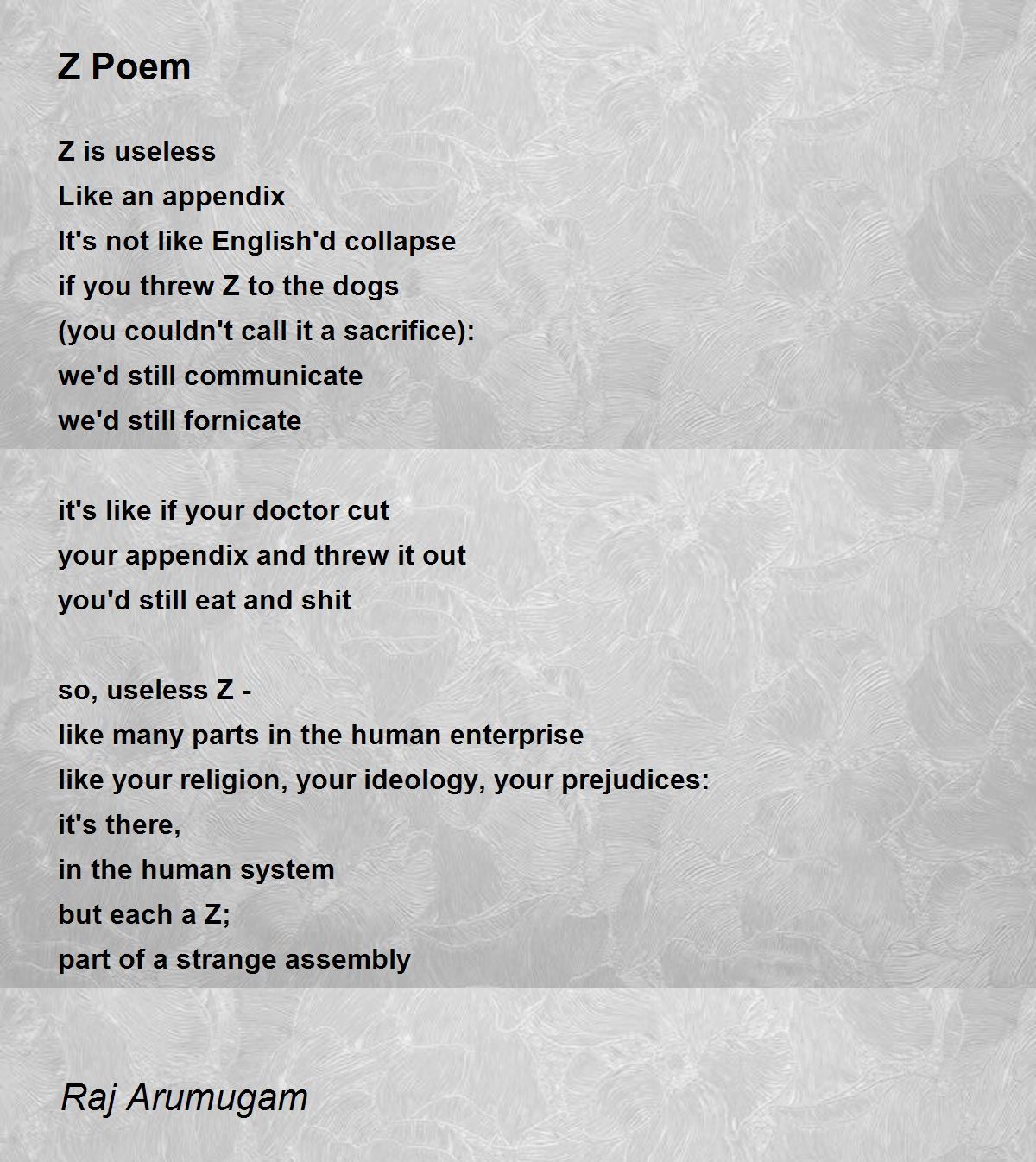 Z Poem Z Poem Poem by Raj Arumugam