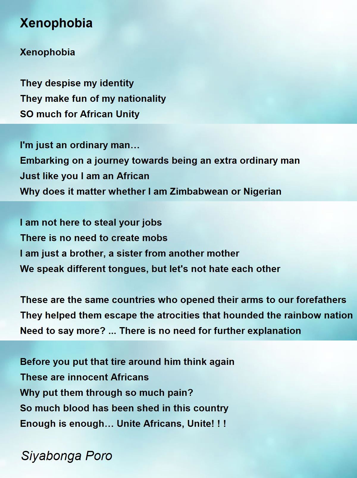 Xenophobia by Siyabonga Poro Xenophobia Poem