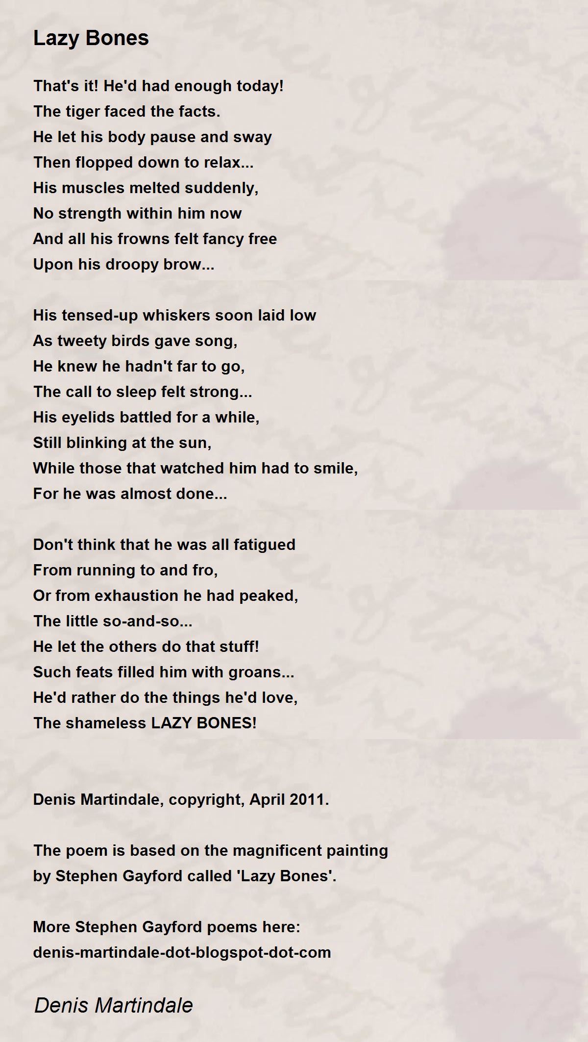 Lazy Bones Lazy Bones Poem by Denis Martindale