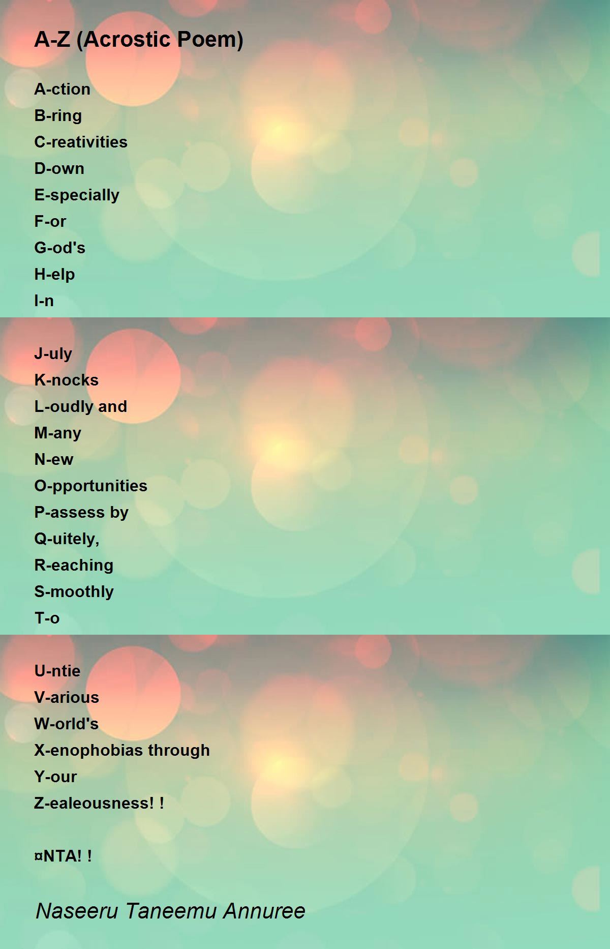 A Z Acrostic Poem By Naseeru Taneemu Annuree A Z Acrostic Poem Poem