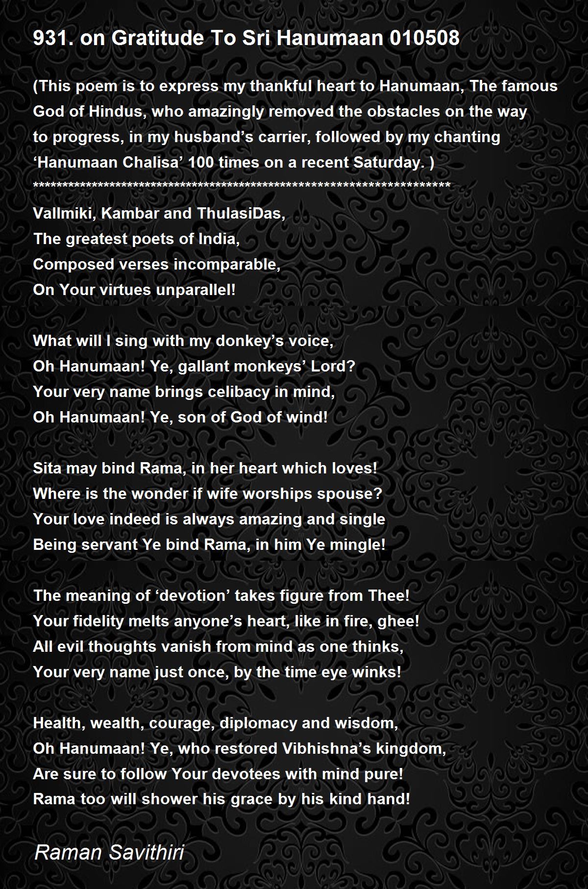 931 On Gratitude To Sri Hanumaan Poem By Raman Savithiri Poem Hunter