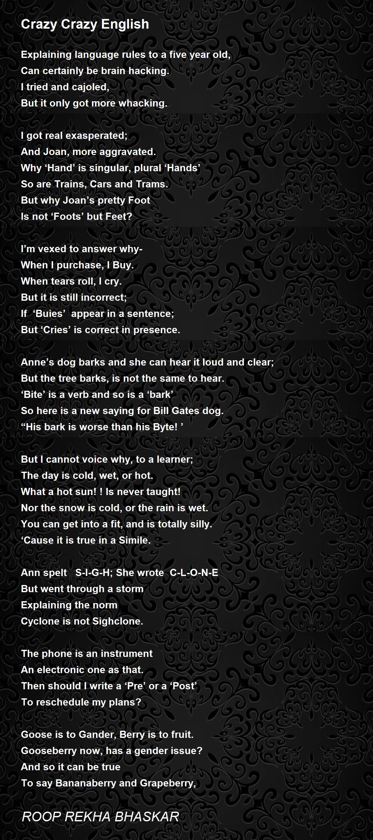 Crazy Crazy English Crazy Crazy English Poem by ROOP REKHA BHASKAR